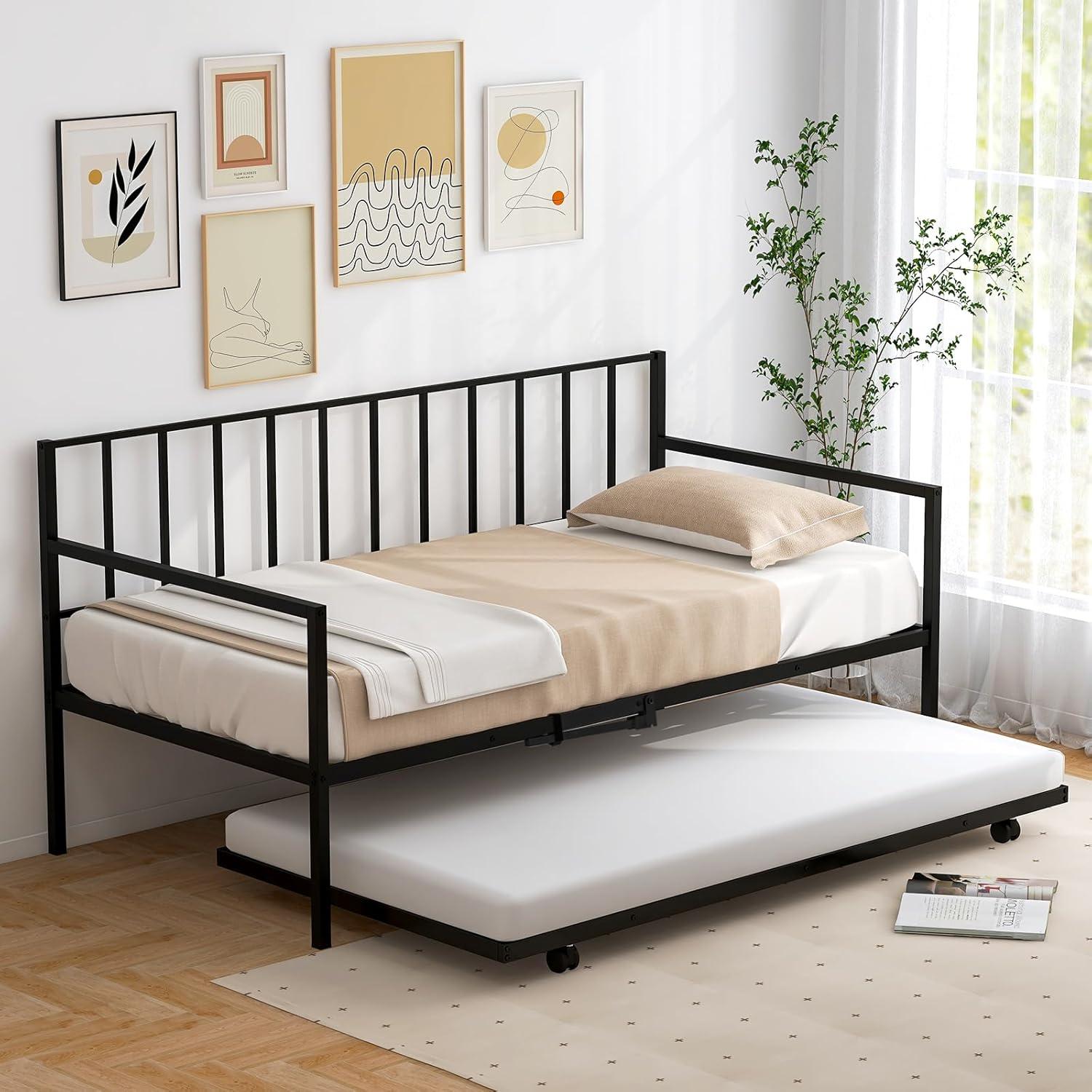 image:imageGiantex Metal Twin Daybed Frame Day Bed with Metal Slat Support amp 3Sided Guardrails 2in1 SpaceSaving Sofa Bed for Living Room Guest Room No Box Spring Needed BlackTwin