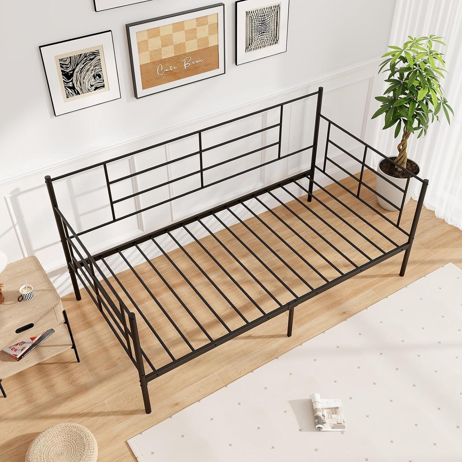 image:imageGiantex Metal Twin Daybed Frame Day Bed with Metal Slat Support amp 3Sided Guardrails 2in1 SpaceSaving Sofa Bed for Living Room Guest Room No Box Spring Needed BlackTwin