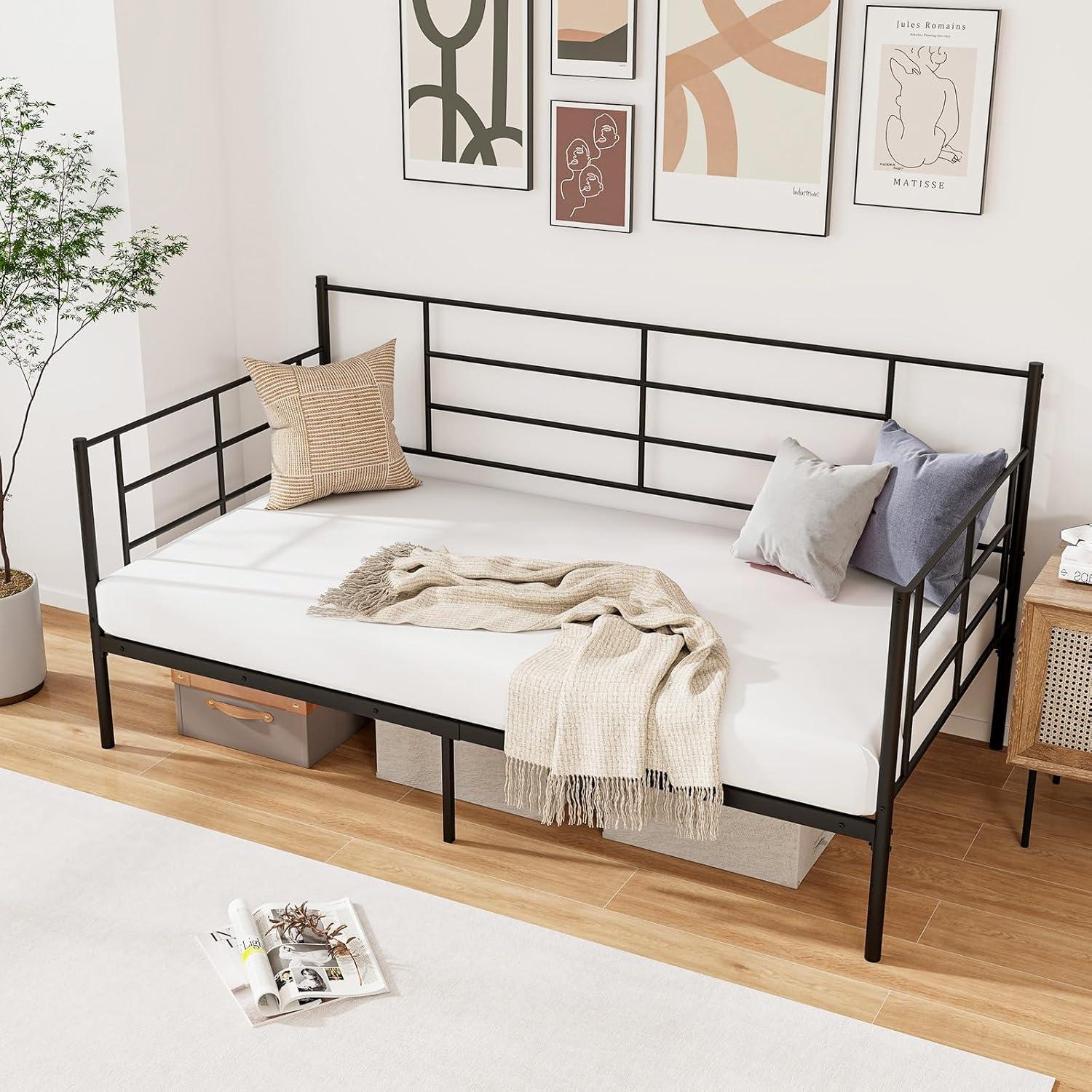 image:imageGiantex Metal Twin Daybed Frame Day Bed with Metal Slat Support amp 3Sided Guardrails 2in1 SpaceSaving Sofa Bed for Living Room Guest Room No Box Spring Needed BlackTwin