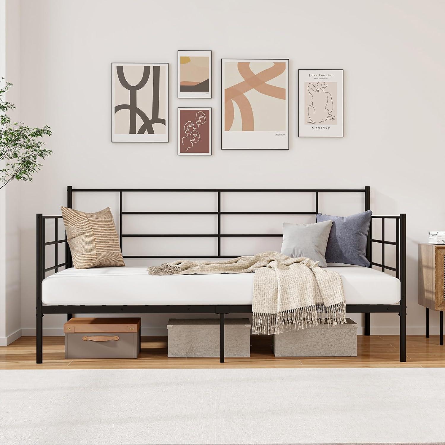 image:imageGiantex Metal Twin Daybed Frame Day Bed with Metal Slat Support amp 3Sided Guardrails 2in1 SpaceSaving Sofa Bed for Living Room Guest Room No Box Spring Needed BlackTwin