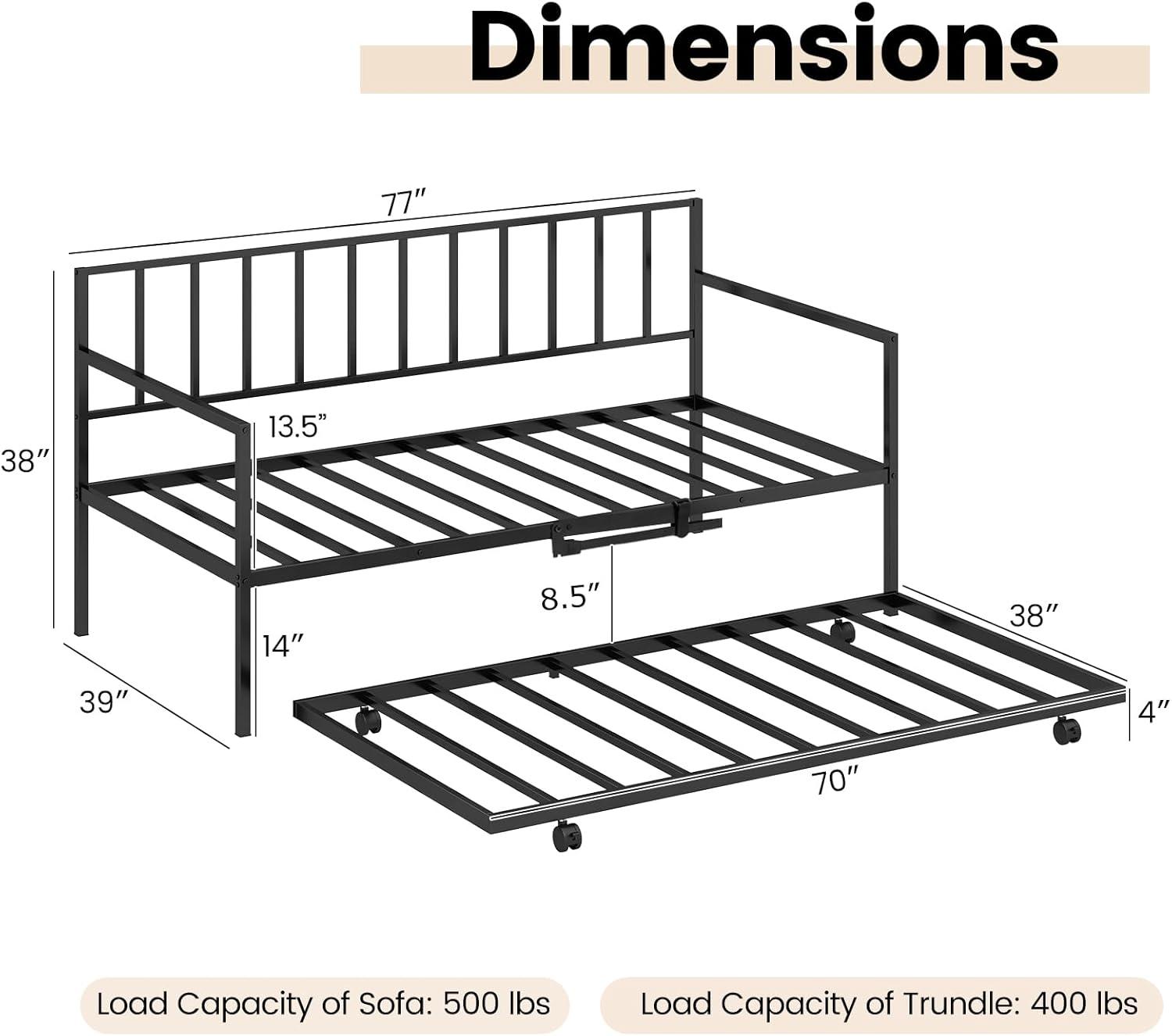 image:imageGiantex Metal Twin Daybed Frame Day Bed with Metal Slat Support amp 3Sided Guardrails 2in1 SpaceSaving Sofa Bed for Living Room Guest Room No Box Spring Needed BlackTwin