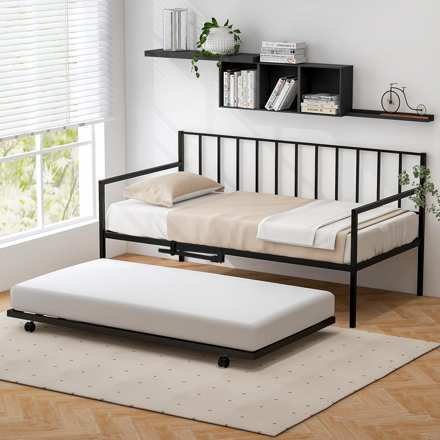image:imageGiantex Metal Twin Daybed Frame Day Bed with Metal Slat Support amp 3Sided Guardrails 2in1 SpaceSaving Sofa Bed for Living Room Guest Room No Box Spring Needed BlackTwin