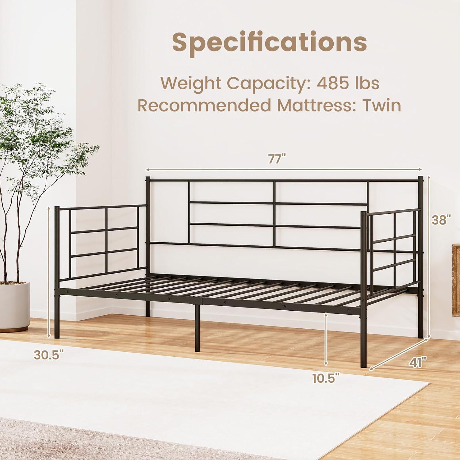 image:imageGiantex Metal Twin Daybed Frame Day Bed with Metal Slat Support amp 3Sided Guardrails 2in1 SpaceSaving Sofa Bed for Living Room Guest Room No Box Spring Needed BlackTwin