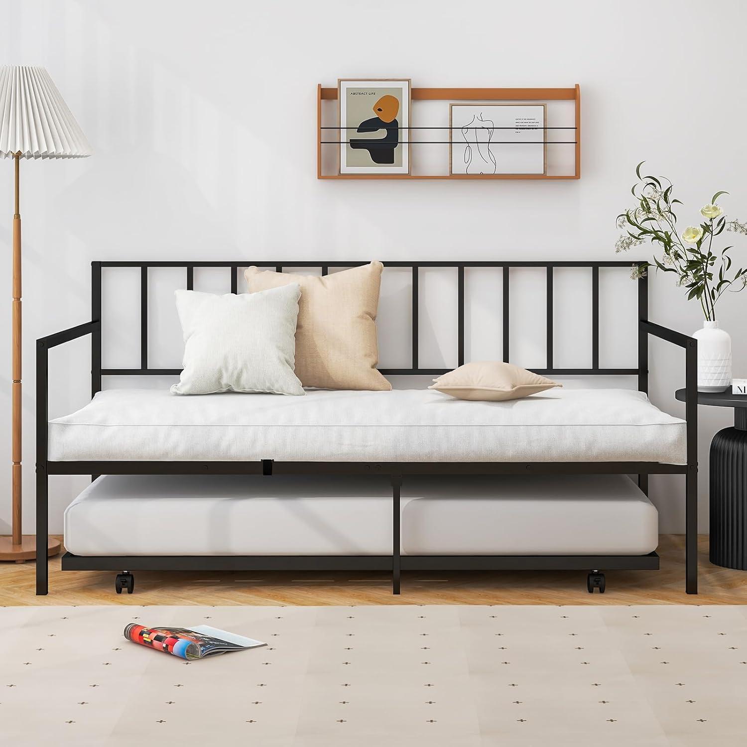 image:imageGiantex Metal Twin Daybed Frame Day Bed with Metal Slat Support amp 3Sided Guardrails 2in1 SpaceSaving Sofa Bed for Living Room Guest Room No Box Spring Needed BlackTwin