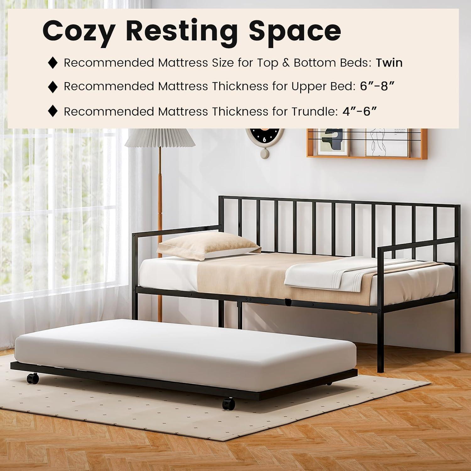 image:imageGiantex Metal Twin Daybed Frame Day Bed with Metal Slat Support amp 3Sided Guardrails 2in1 SpaceSaving Sofa Bed for Living Room Guest Room No Box Spring Needed BlackTwin