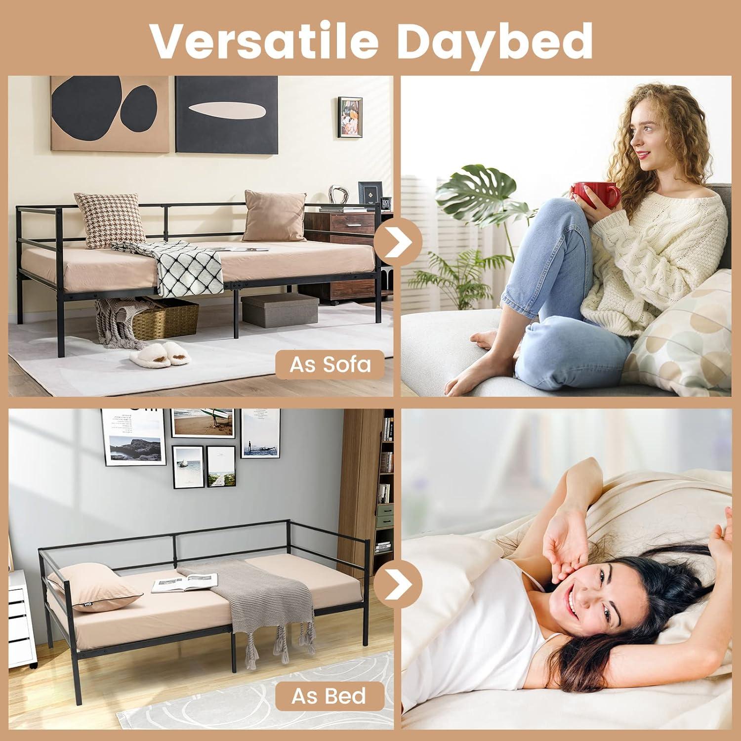 image:imageGiantex Metal Twin Daybed Frame Day Bed with Metal Slat Support amp 3Sided Guardrails 2in1 SpaceSaving Sofa Bed for Living Room Guest Room No Box Spring Needed BlackTwin