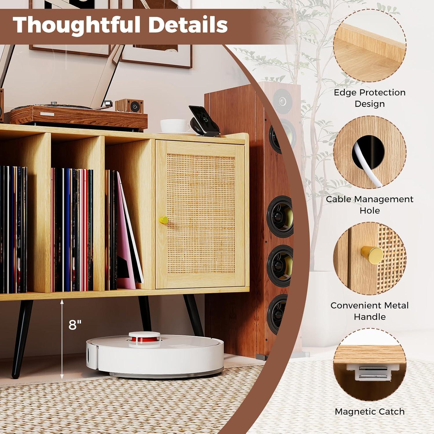 image:imageGiantex Mid Century Record Player Stand with Charging Station Rattan Turntable Stand with Storage Cabinet amp Adjustable Shelf Boho Record Player Table Vinyl Record Storage for Living Room BedroomNatural