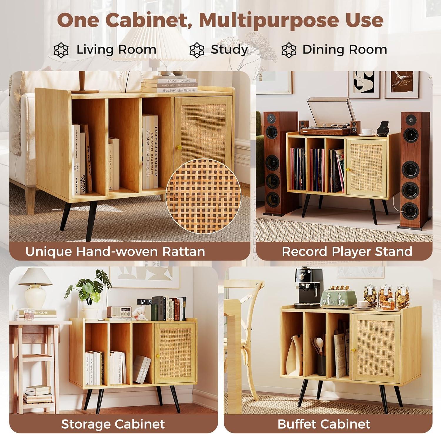 image:imageGiantex Mid Century Record Player Stand with Charging Station Rattan Turntable Stand with Storage Cabinet amp Adjustable Shelf Boho Record Player Table Vinyl Record Storage for Living Room BedroomNatural
