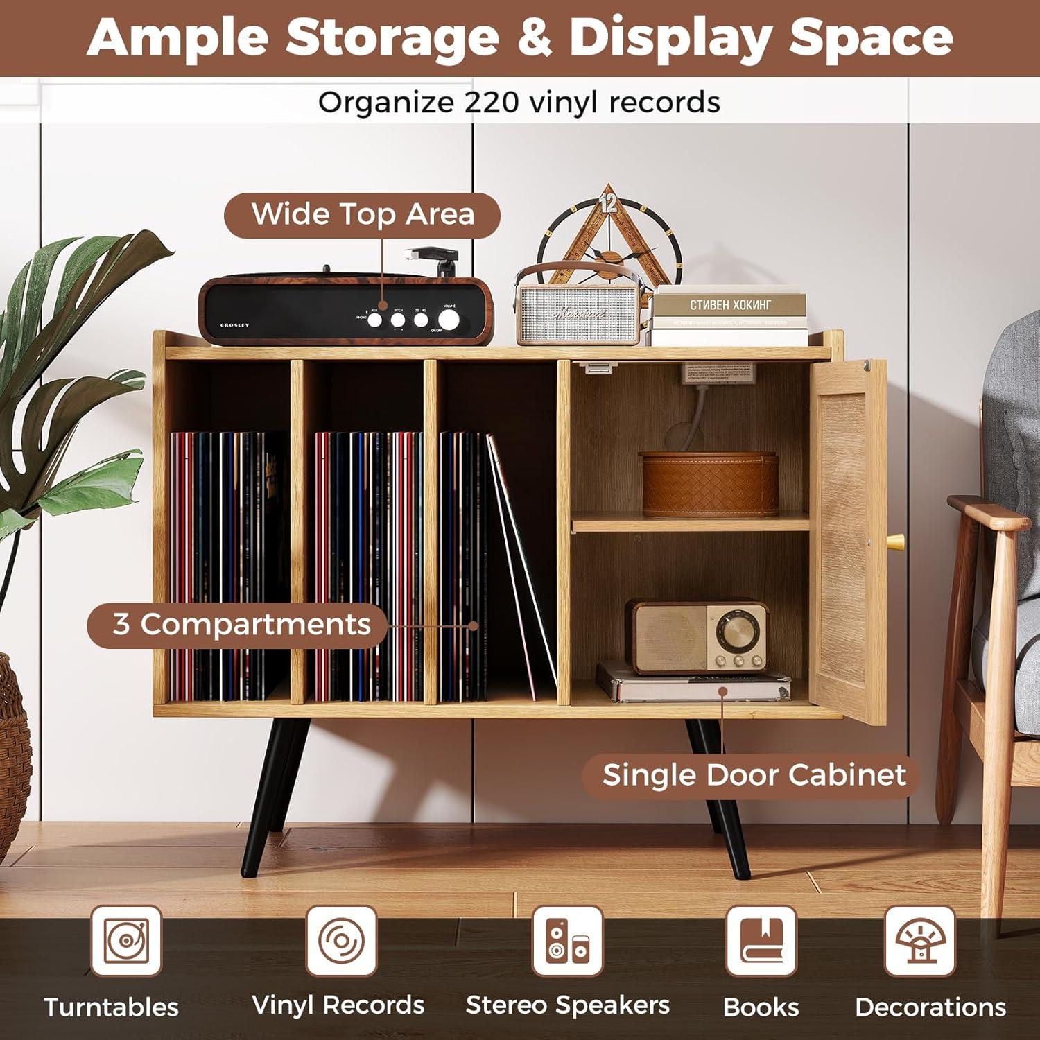 image:imageGiantex Mid Century Record Player Stand with Charging Station Rattan Turntable Stand with Storage Cabinet amp Adjustable Shelf Boho Record Player Table Vinyl Record Storage for Living Room BedroomNatural
