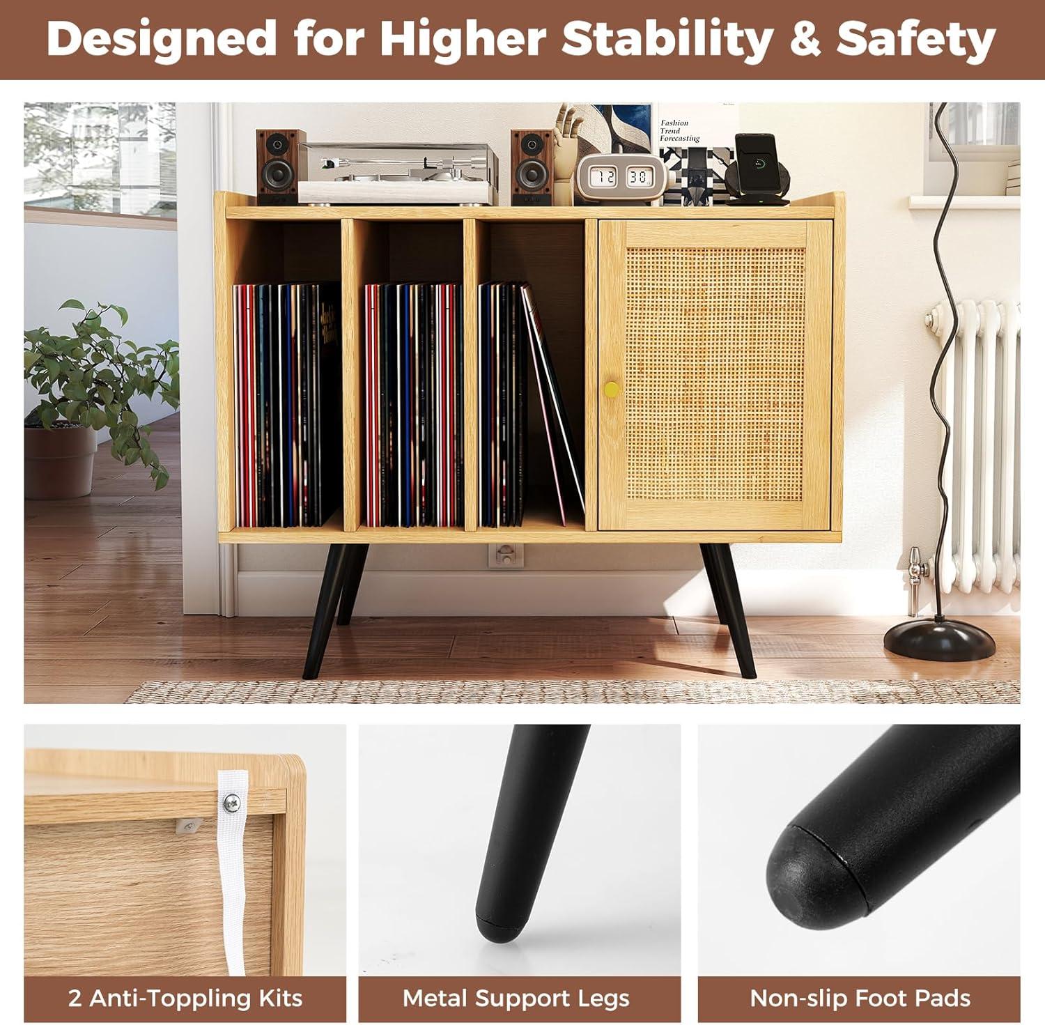 image:imageGiantex Mid Century Record Player Stand with Charging Station Rattan Turntable Stand with Storage Cabinet amp Adjustable Shelf Boho Record Player Table Vinyl Record Storage for Living Room BedroomNatural
