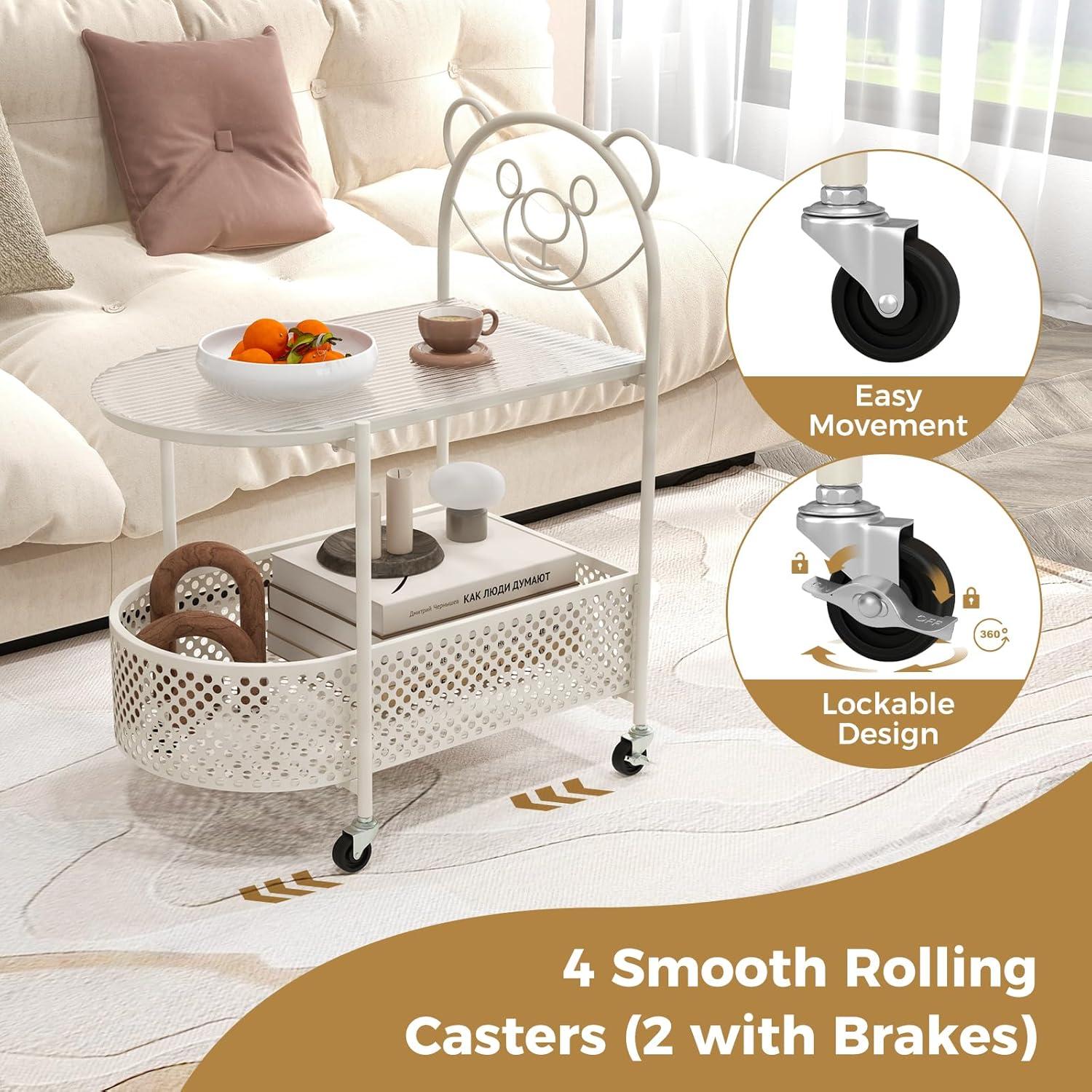 image:imageGiantex Mobile Glass Coffee Table 2Tier Modern Cocktail Table with Bear Pattern Storage Basket amp Metal Frame Sofa Side Tea Table on Lockable Wheels Center Table for Living Room Bedroom WhiteWhite