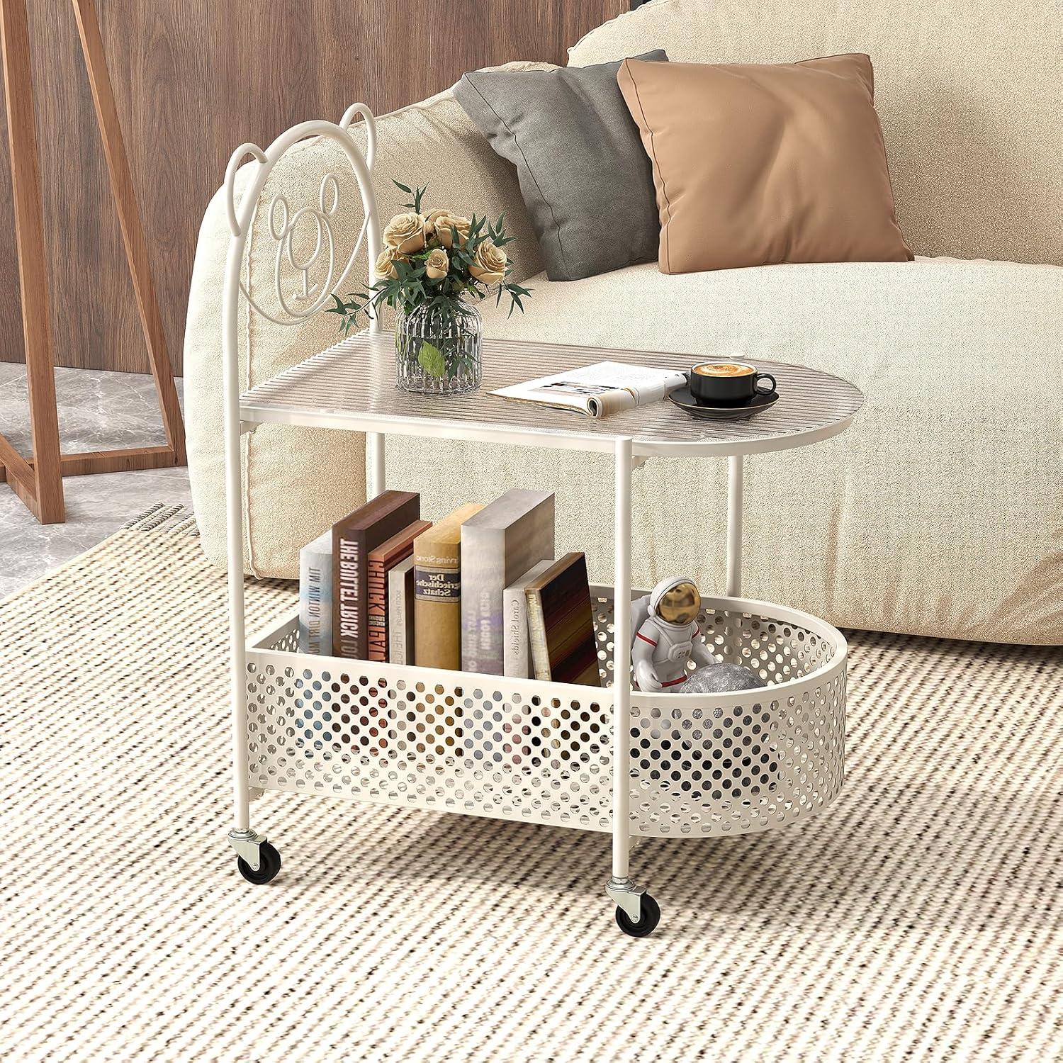 image:imageGiantex Mobile Glass Coffee Table 2Tier Modern Cocktail Table with Bear Pattern Storage Basket amp Metal Frame Sofa Side Tea Table on Lockable Wheels Center Table for Living Room Bedroom WhiteWhite