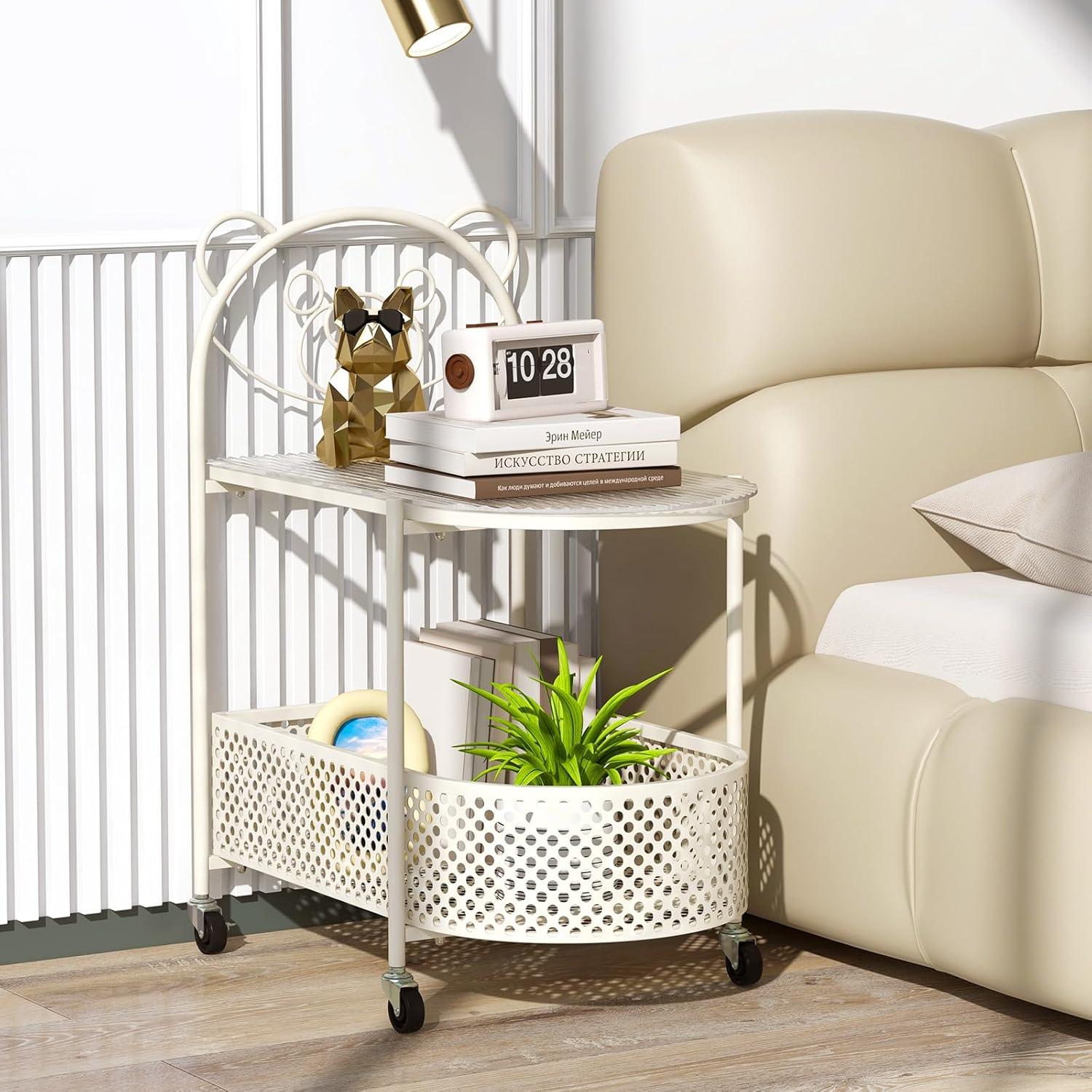 image:imageGiantex Mobile Glass Coffee Table 2Tier Modern Cocktail Table with Bear Pattern Storage Basket amp Metal Frame Sofa Side Tea Table on Lockable Wheels Center Table for Living Room Bedroom WhiteWhite