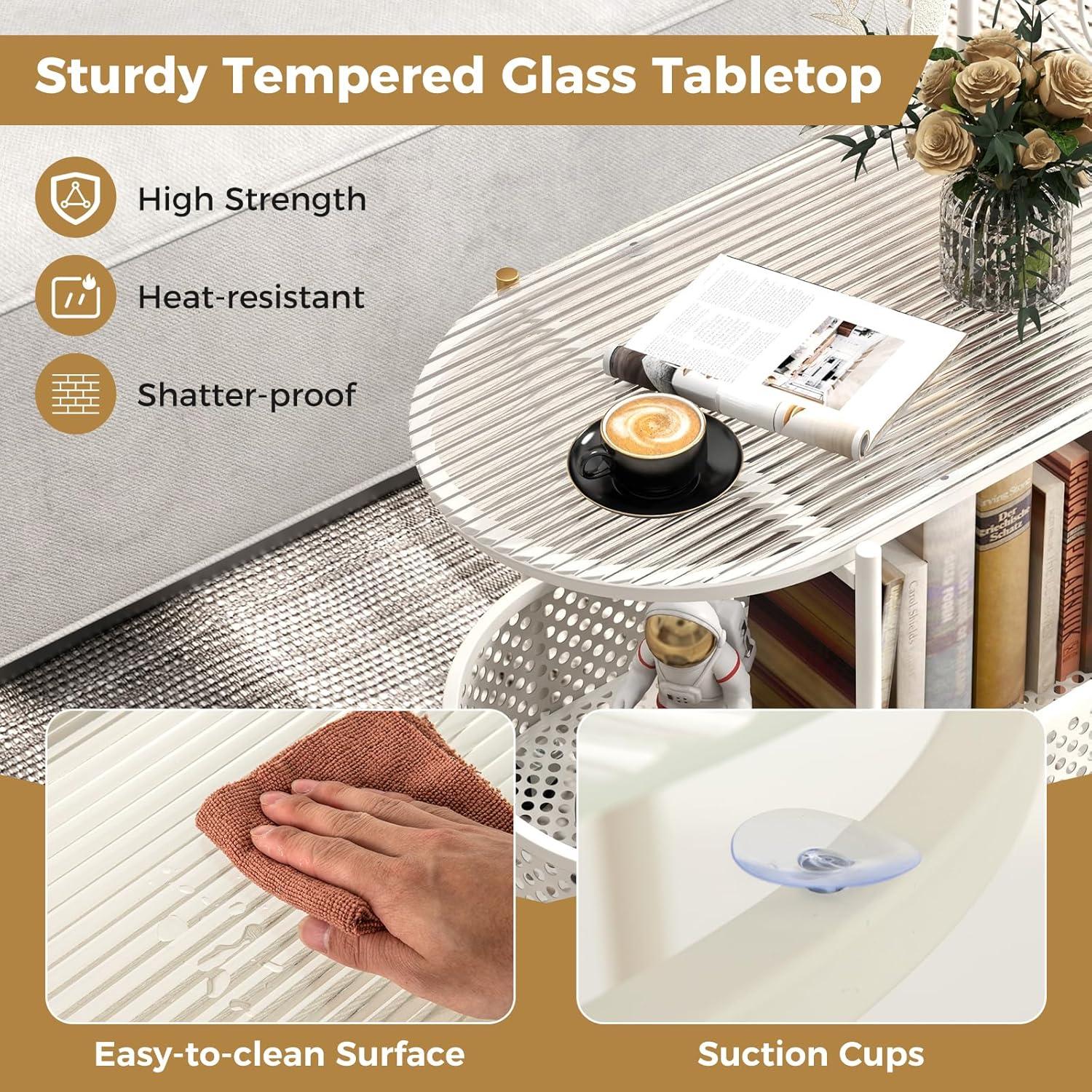 image:imageGiantex Mobile Glass Coffee Table 2Tier Modern Cocktail Table with Bear Pattern Storage Basket amp Metal Frame Sofa Side Tea Table on Lockable Wheels Center Table for Living Room Bedroom WhiteWhite