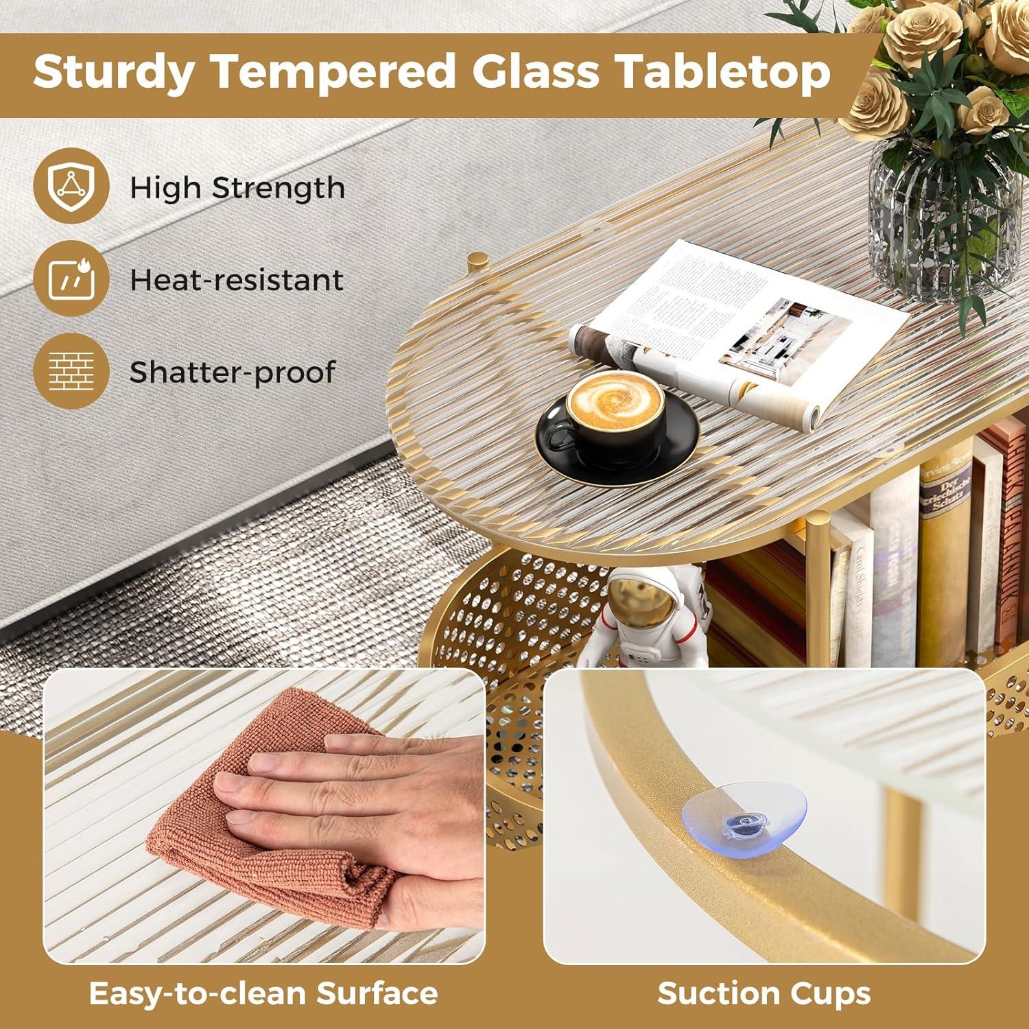 image:imageGiantex Mobile Glass Coffee Table 2Tier Modern Cocktail Table with Bear Pattern Storage Basket amp Metal Frame Sofa Side Tea Table on Lockable Wheels Center Table for Living Room Bedroom WhiteGolden