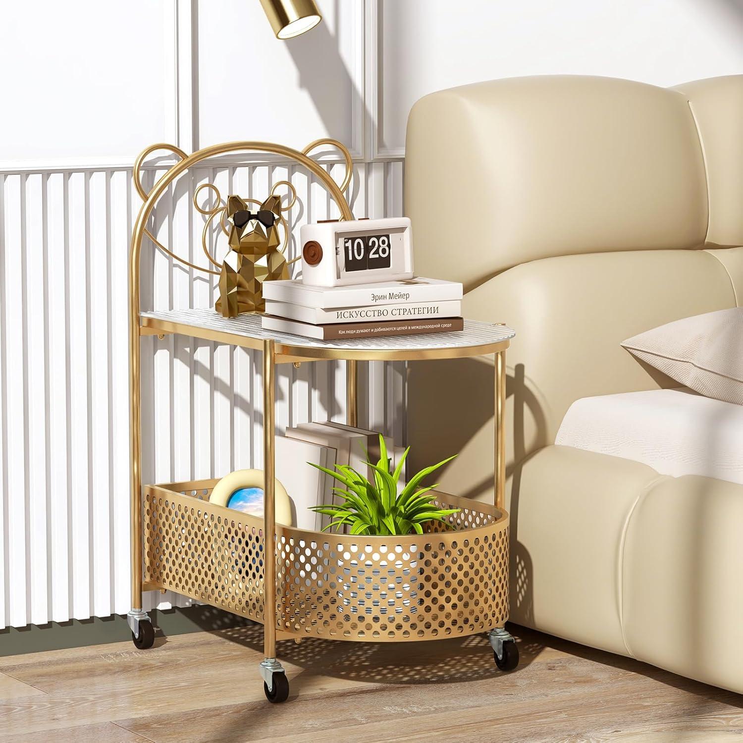 image:imageGiantex Mobile Glass Coffee Table 2Tier Modern Cocktail Table with Bear Pattern Storage Basket amp Metal Frame Sofa Side Tea Table on Lockable Wheels Center Table for Living Room Bedroom WhiteGolden