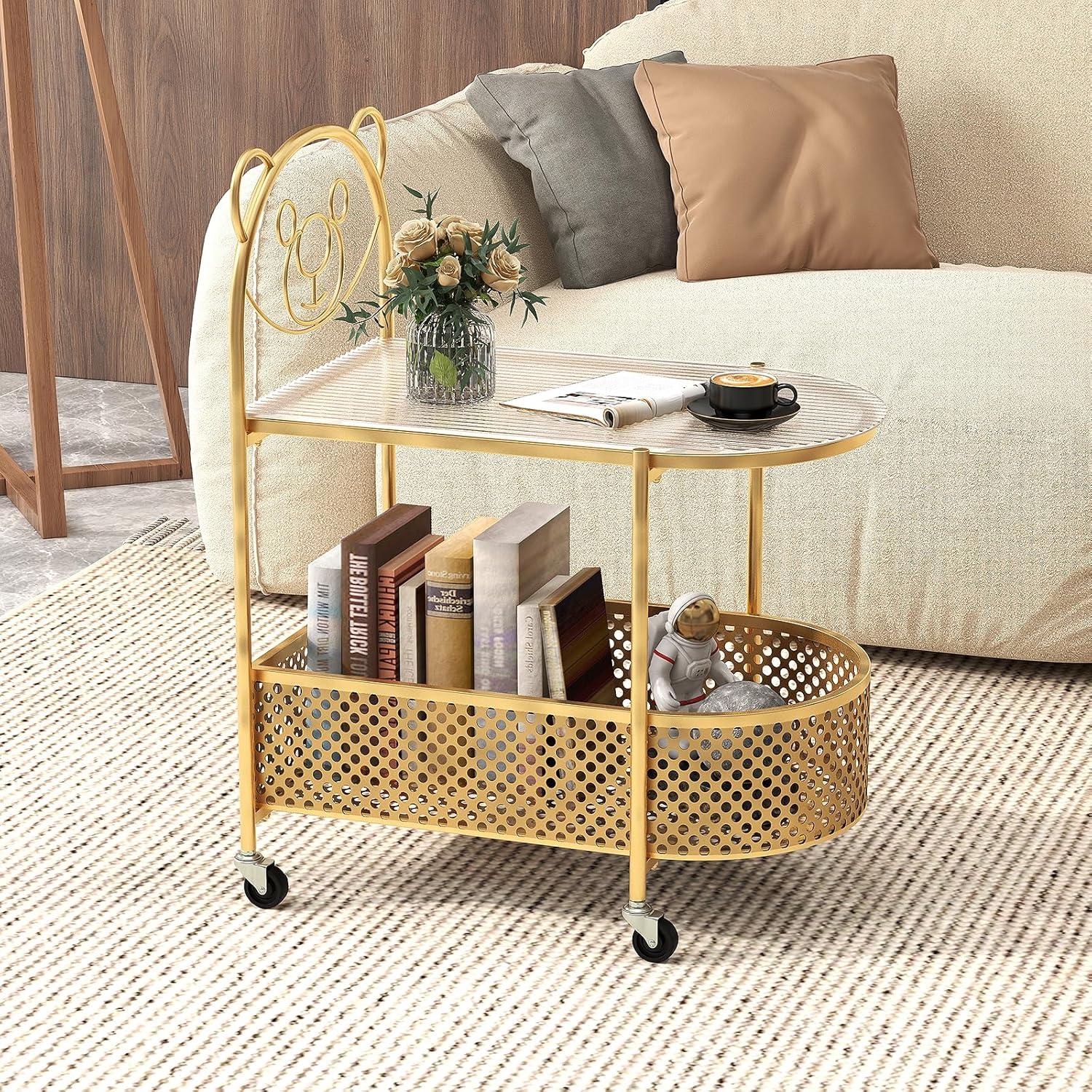 image:imageGiantex Mobile Glass Coffee Table 2Tier Modern Cocktail Table with Bear Pattern Storage Basket amp Metal Frame Sofa Side Tea Table on Lockable Wheels Center Table for Living Room Bedroom WhiteGolden
