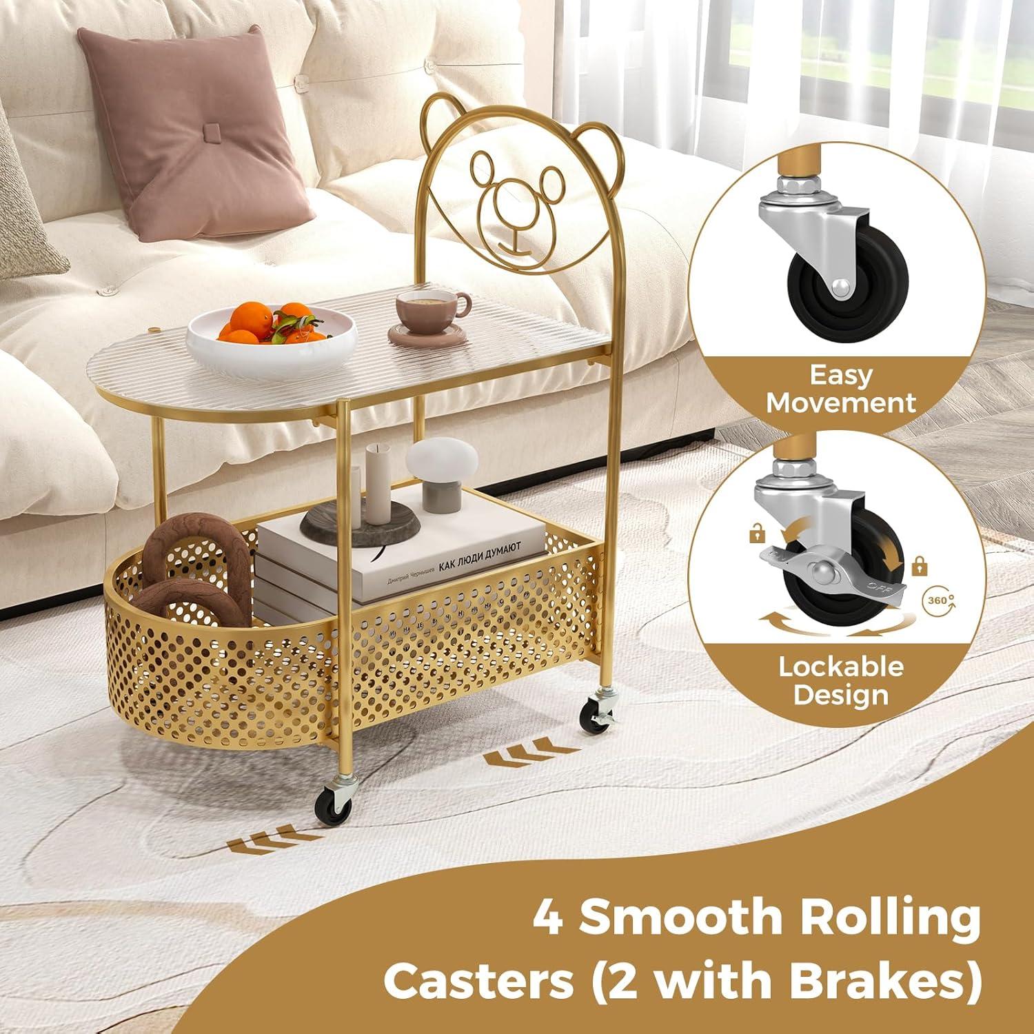 image:imageGiantex Mobile Glass Coffee Table 2Tier Modern Cocktail Table with Bear Pattern Storage Basket amp Metal Frame Sofa Side Tea Table on Lockable Wheels Center Table for Living Room Bedroom WhiteGolden