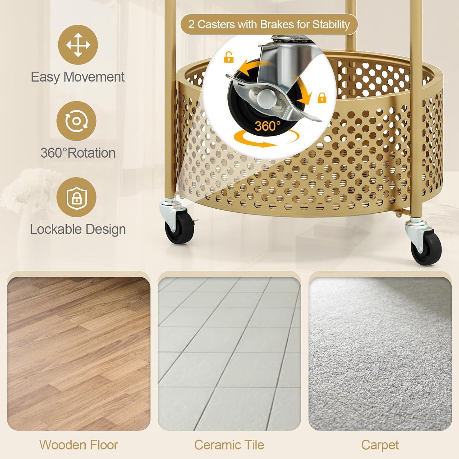 image:imageGiantex Mobile Glass Coffee Table 2Tier Round End Table with Bear Pattern Storage Basket Metal Frame Modern Cocktail Table on Lockable Wheels Sofa Side Tea Table for Living Room Bedroom WhiteGolden