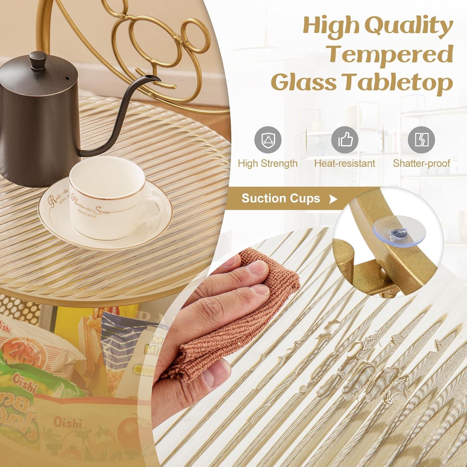 image:imageGiantex Mobile Glass Coffee Table 2Tier Round End Table with Bear Pattern Storage Basket Metal Frame Modern Cocktail Table on Lockable Wheels Sofa Side Tea Table for Living Room Bedroom WhiteGolden