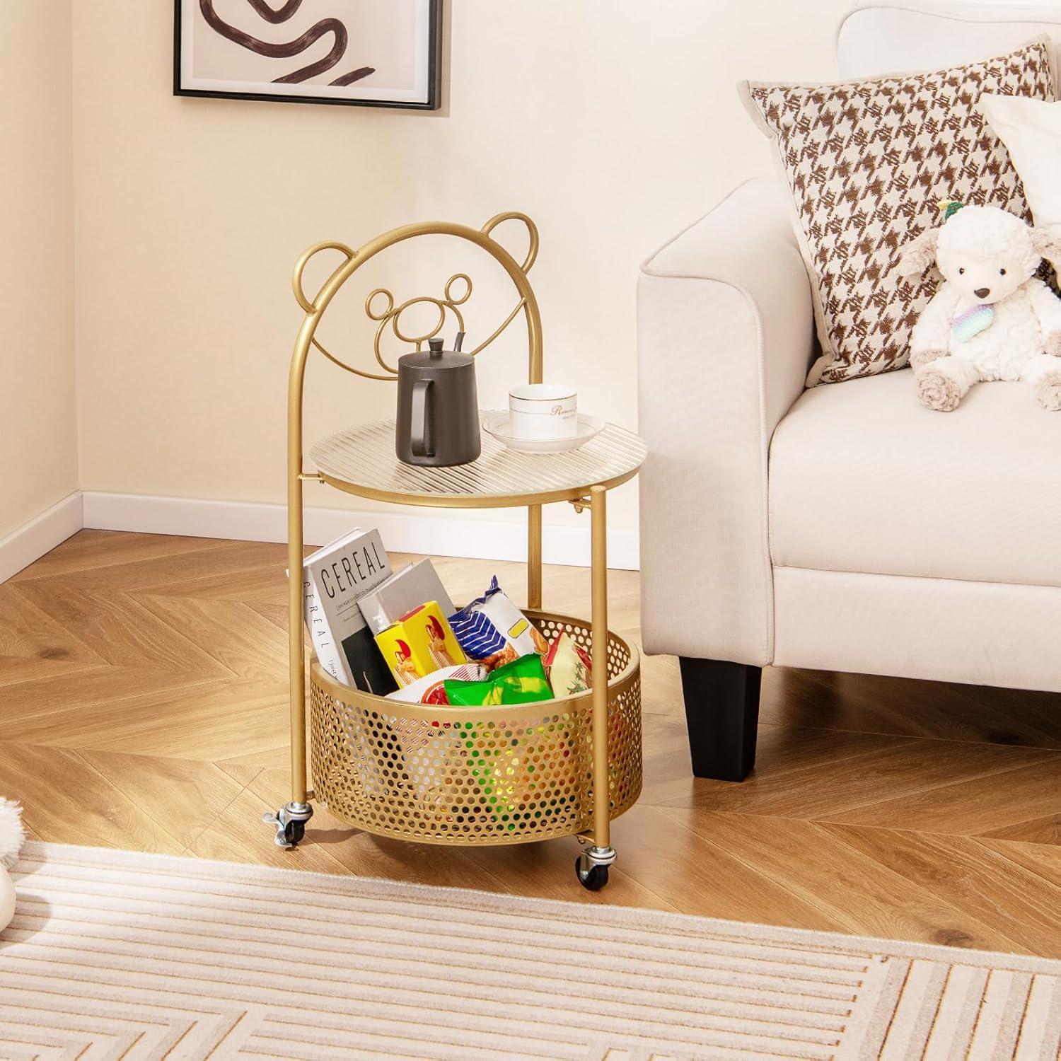 image:imageGiantex Mobile Glass Coffee Table 2Tier Round End Table with Bear Pattern Storage Basket Metal Frame Modern Cocktail Table on Lockable Wheels Sofa Side Tea Table for Living Room Bedroom WhiteGolden