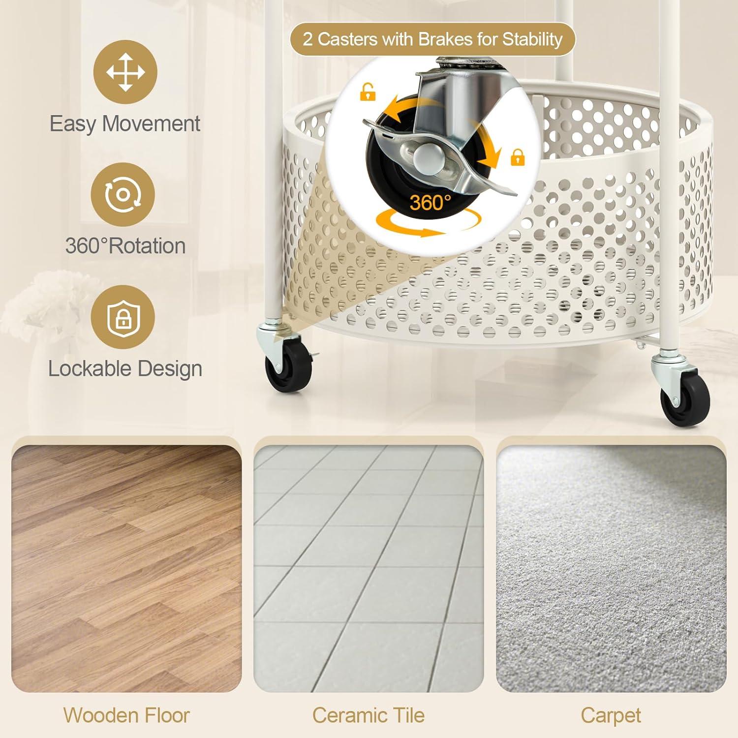 image:imageGiantex Mobile Glass Coffee Table 2Tier Round End Table with Bear Pattern Storage Basket Metal Frame Modern Cocktail Table on Lockable Wheels Sofa Side Tea Table for Living Room Bedroom WhiteWhite