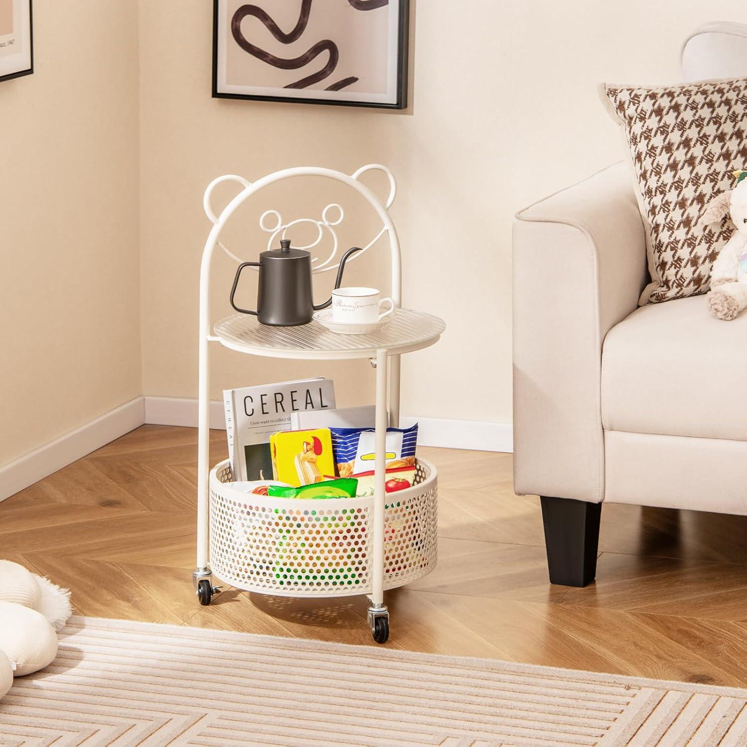 image:imageGiantex Mobile Glass Coffee Table 2Tier Round End Table with Bear Pattern Storage Basket Metal Frame Modern Cocktail Table on Lockable Wheels Sofa Side Tea Table for Living Room Bedroom WhiteWhite