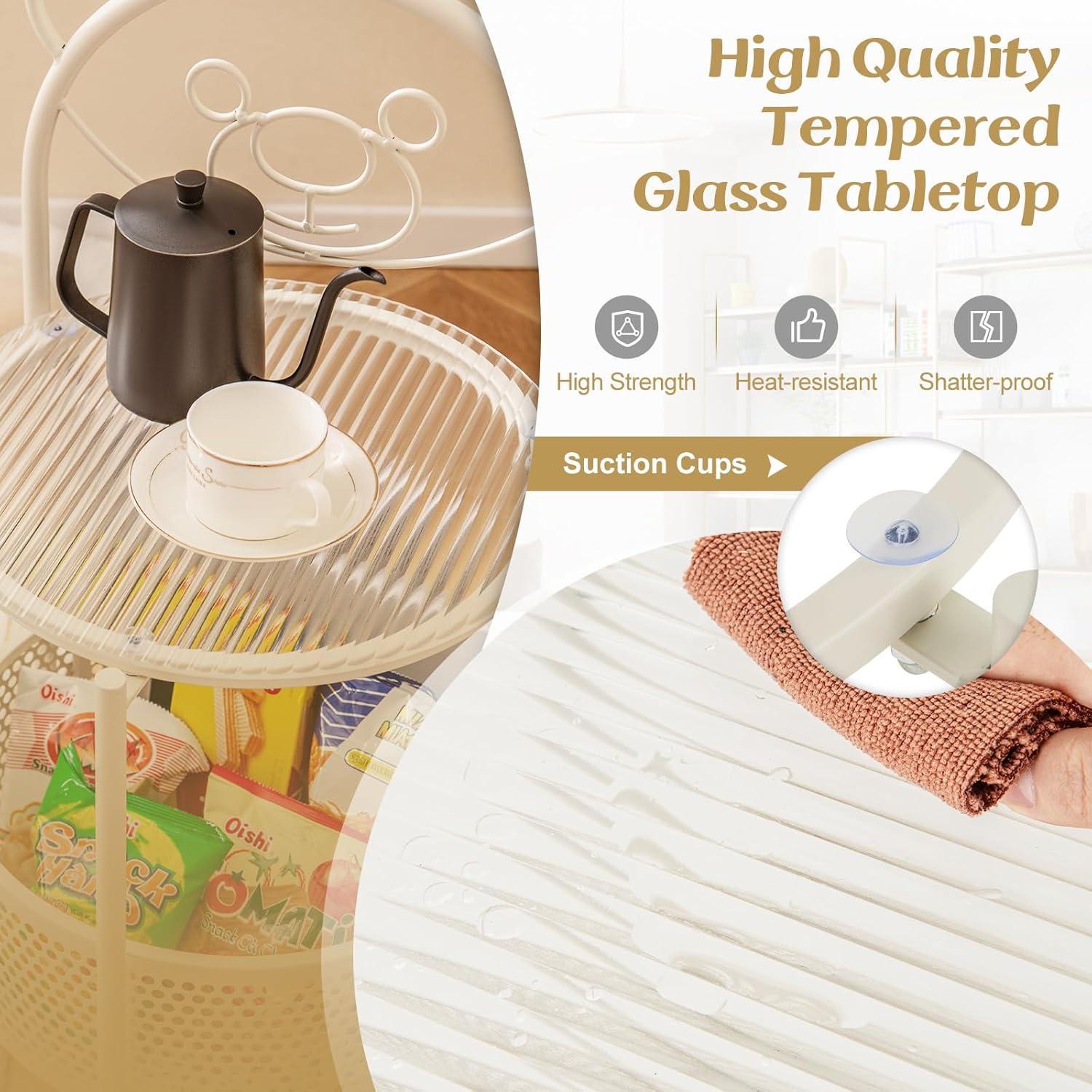 image:imageGiantex Mobile Glass Coffee Table 2Tier Round End Table with Bear Pattern Storage Basket Metal Frame Modern Cocktail Table on Lockable Wheels Sofa Side Tea Table for Living Room Bedroom WhiteWhite