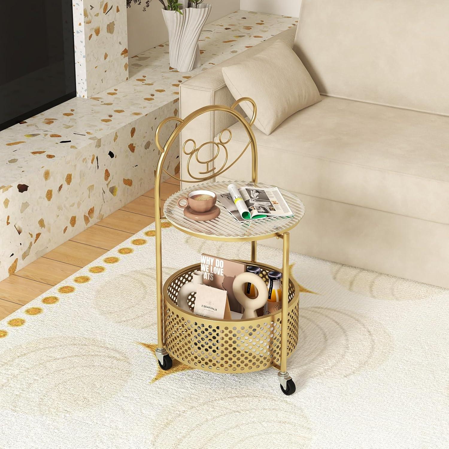 image:imageGiantex Mobile Glass Coffee Table 2Tier Round End Table with Bear Pattern Storage Basket Metal Frame Modern Cocktail Table on Lockable Wheels Sofa Side Tea Table for Living Room Bedroom WhiteGolden
