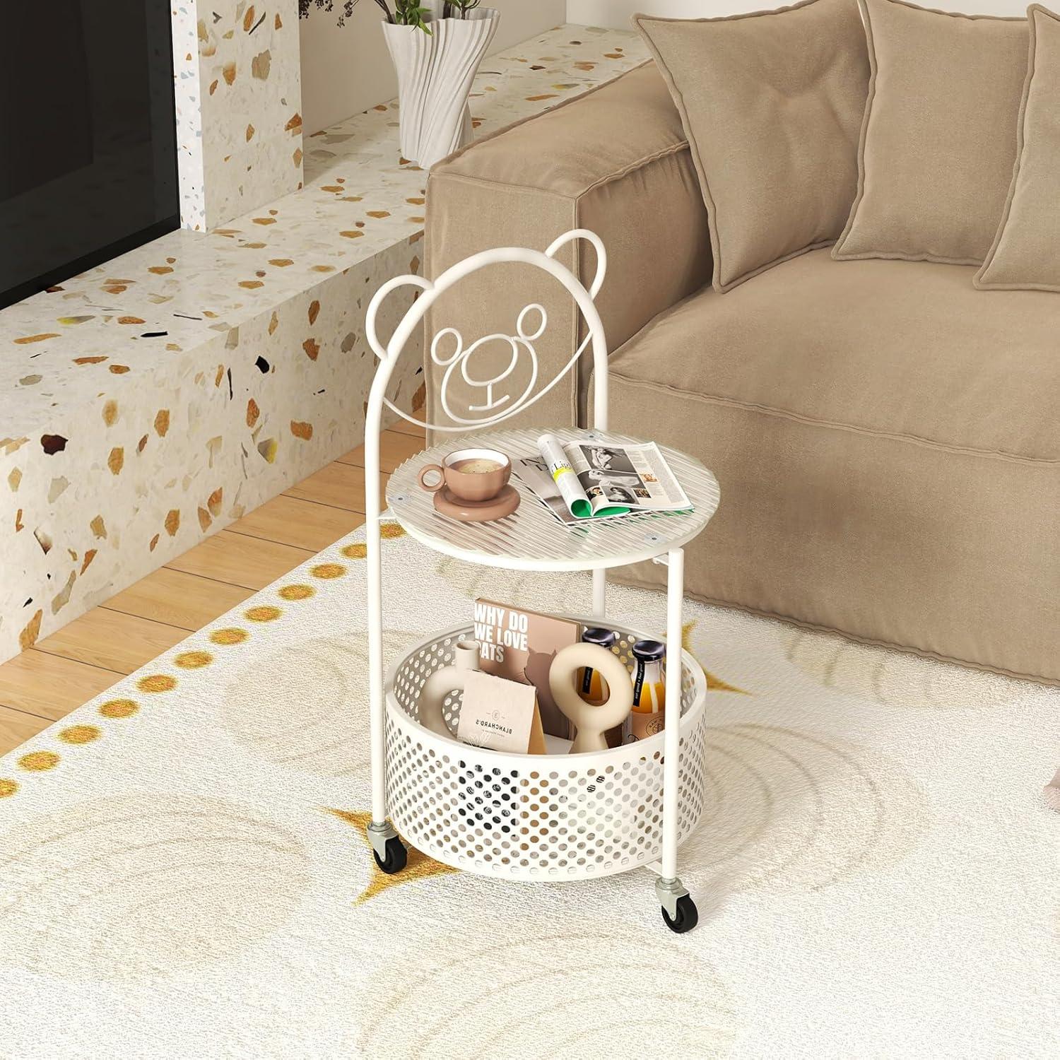 image:imageGiantex Mobile Glass Coffee Table 2Tier Round End Table with Bear Pattern Storage Basket Metal Frame Modern Cocktail Table on Lockable Wheels Sofa Side Tea Table for Living Room Bedroom WhiteWhite