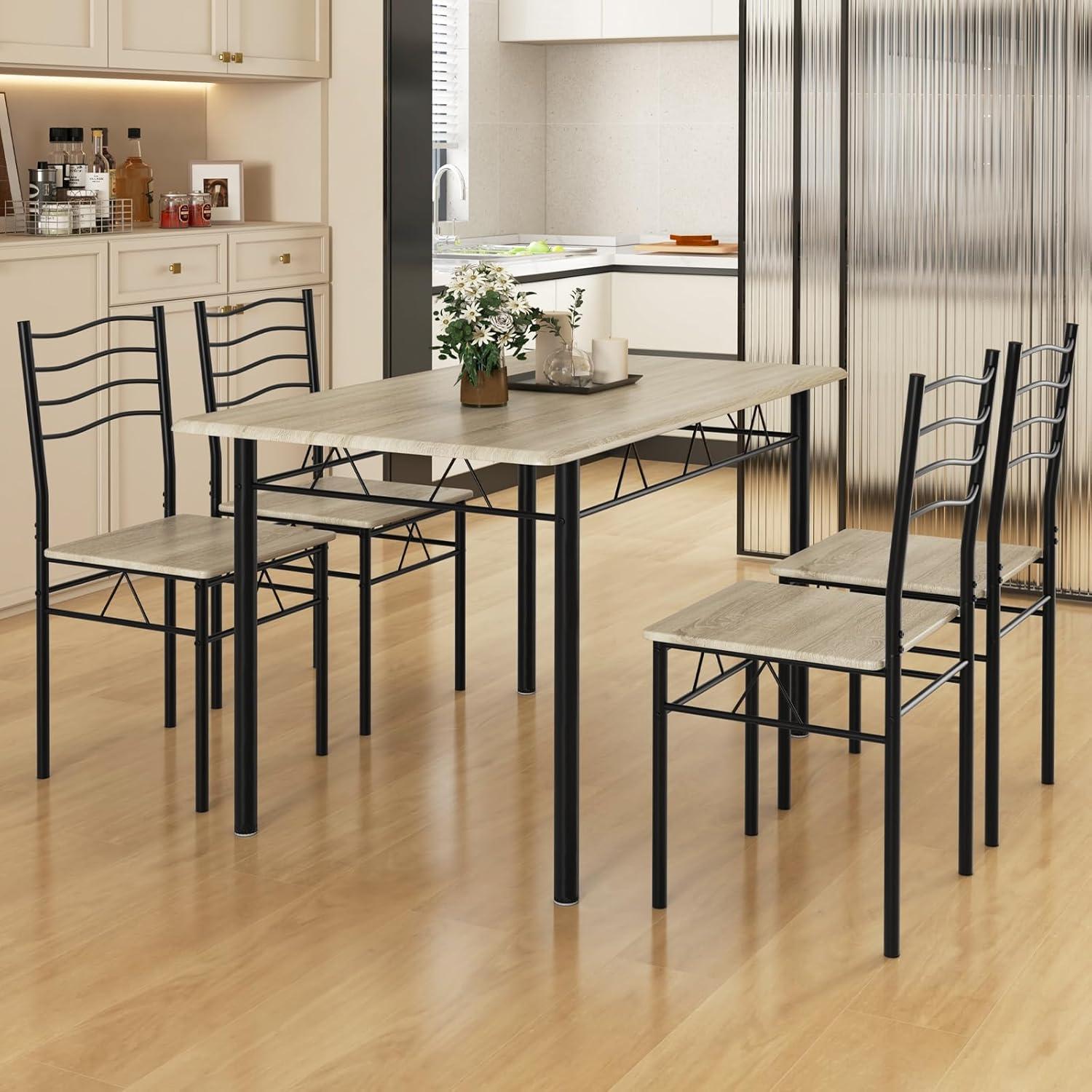 image:imageGiantex Modern 5 Piece Dining Table Set for 4 Chairs Wood Metal Kitchen Breakfast Furniture Beech WoodBeech Wood