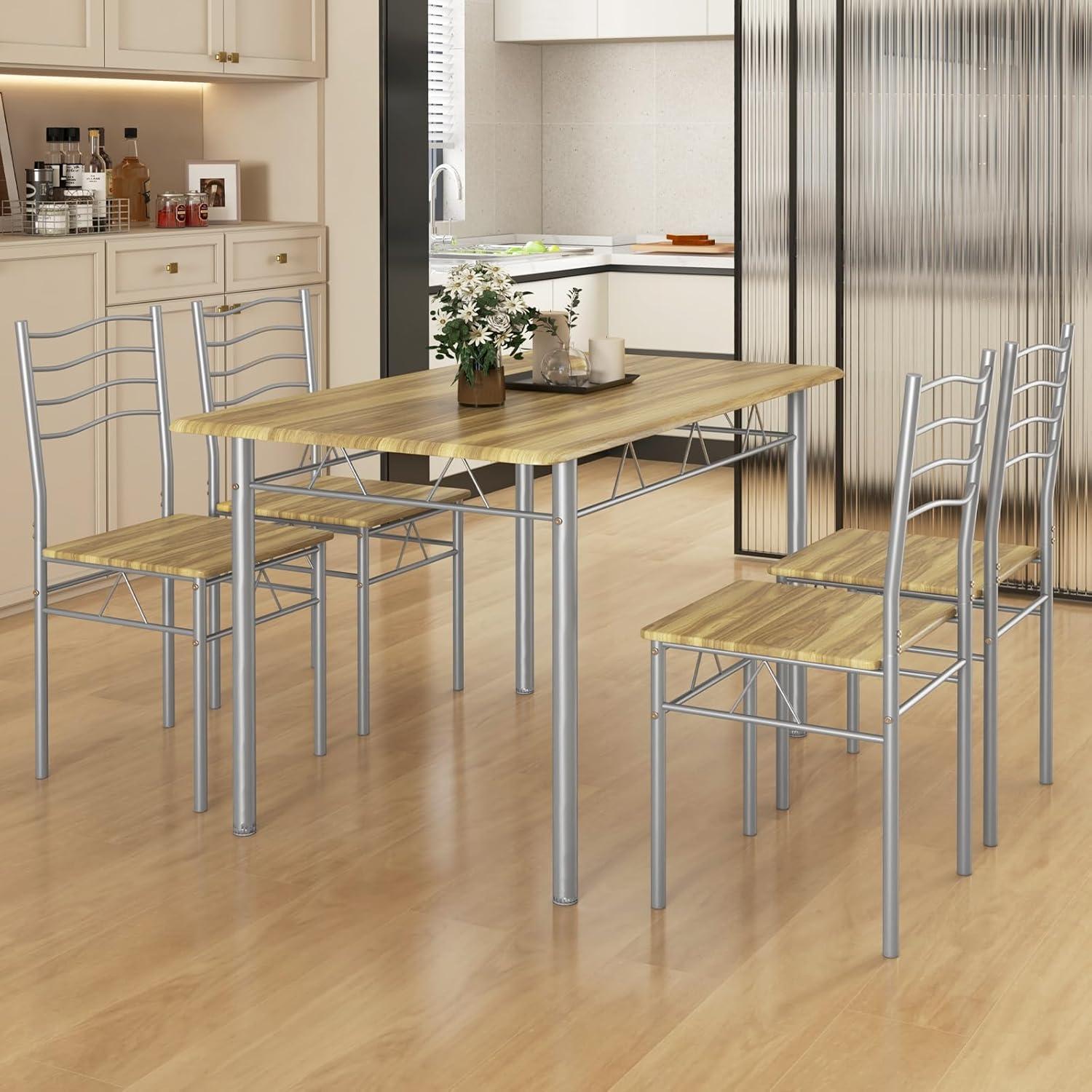 image:imageGiantex Modern 5 Piece Dining Table Set for 4 Chairs Wood Metal Kitchen Breakfast Furniture Beech WoodNatural