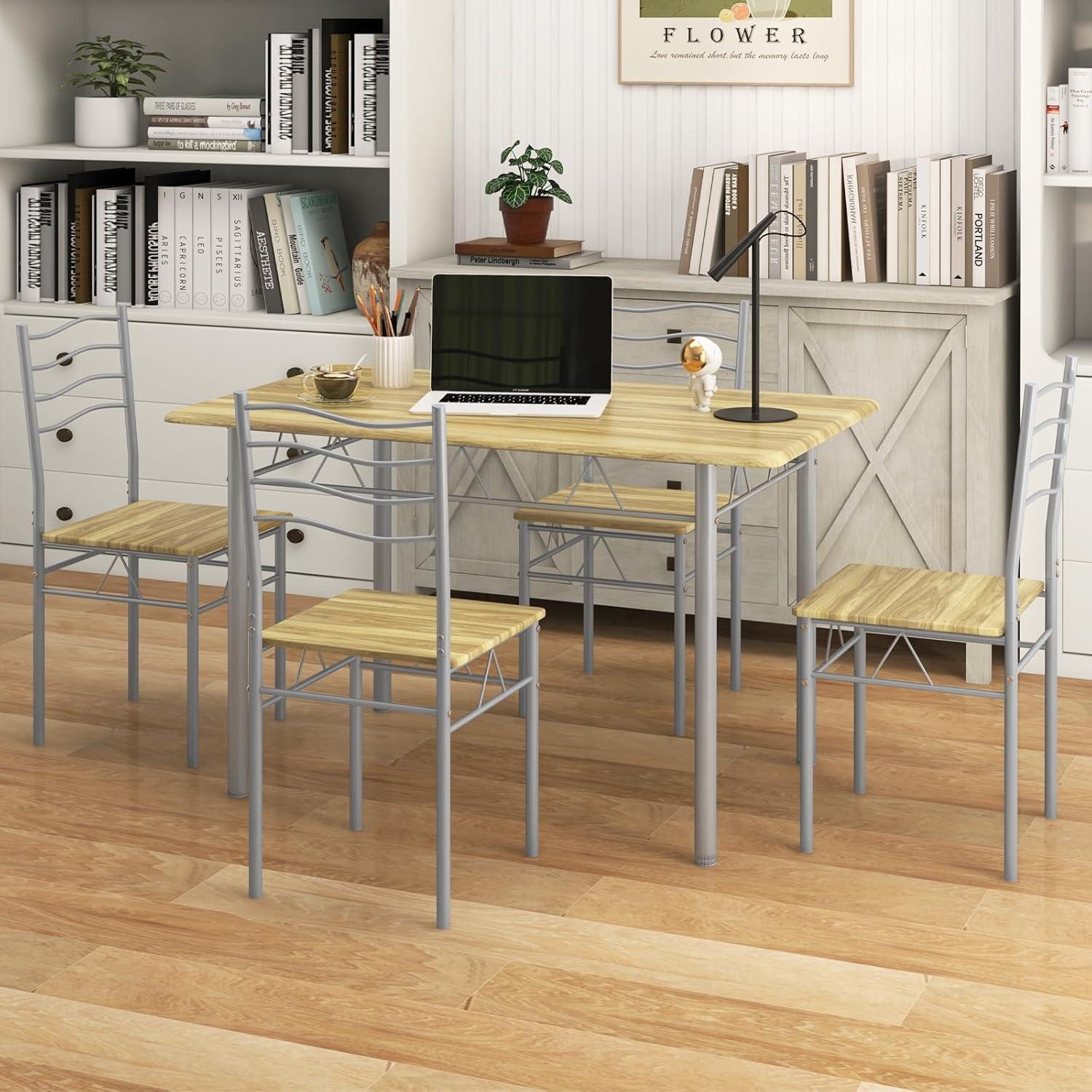 image:imageGiantex Modern 5 Piece Dining Table Set for 4 Chairs Wood Metal Kitchen Breakfast Furniture Beech WoodNatural