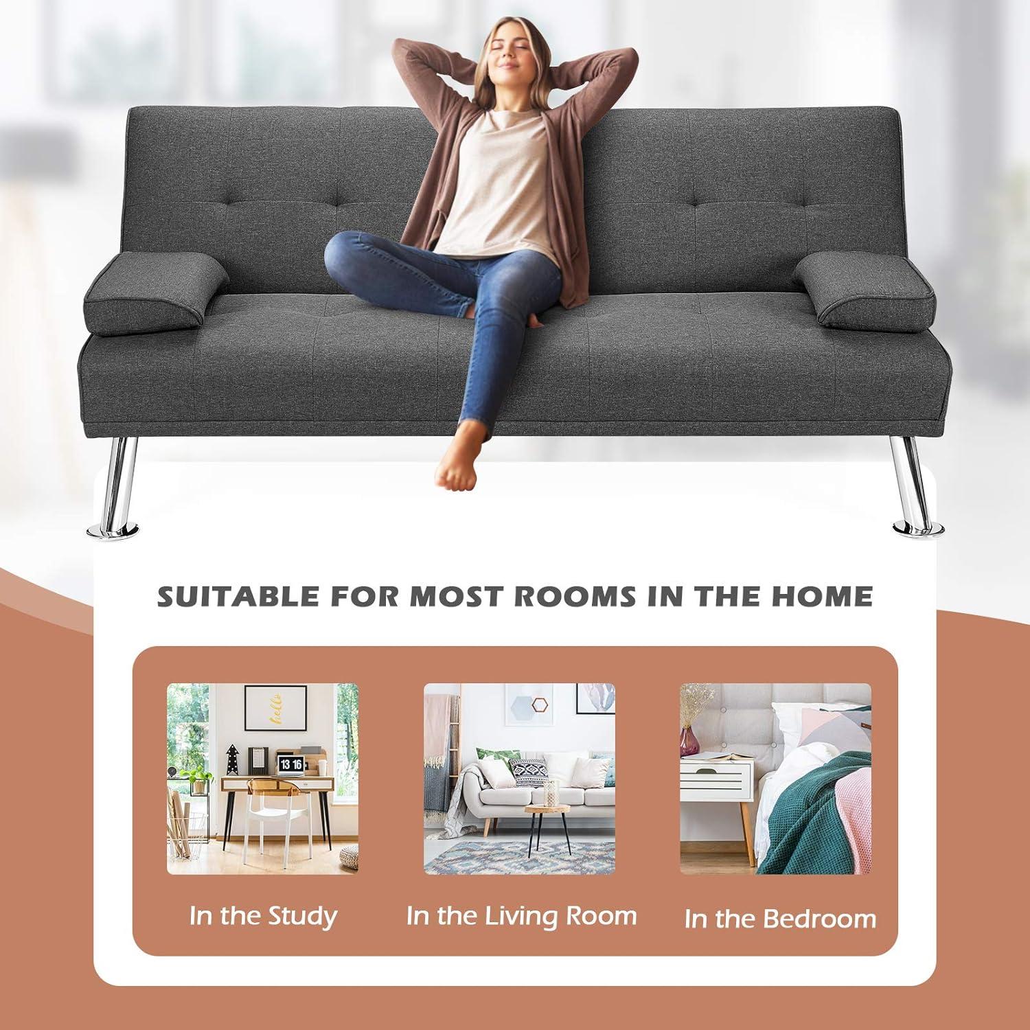image:imageGiantex Modern Convertible Futon Sofa Bed Linen Upholstered Futon Sofa Sleeper wMetal Leg Removable Armrests 2 Cup Holders Backrest Adjustable Folding Futon Sofa Bed for Apartment Dark Gray