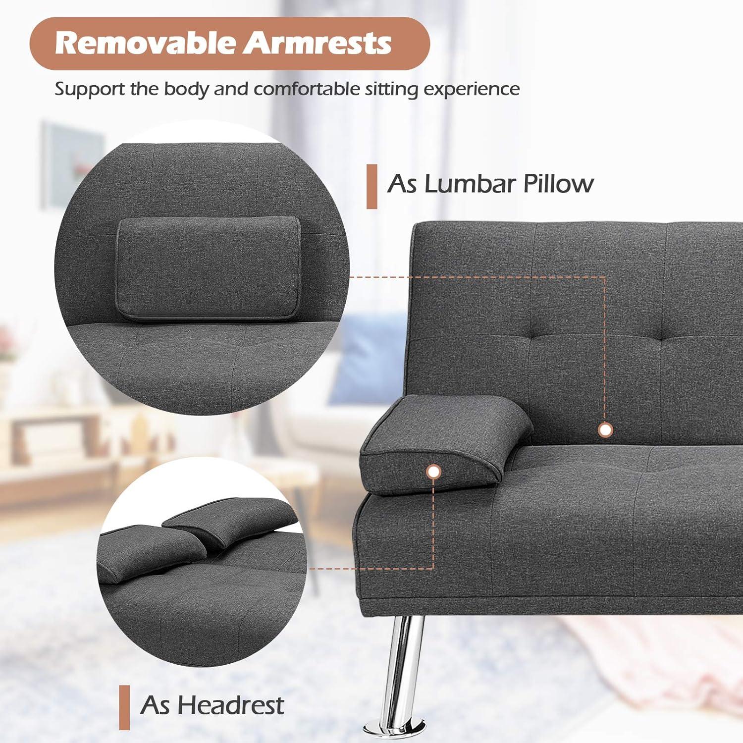 image:imageGiantex Modern Convertible Futon Sofa Bed Linen Upholstered Futon Sofa Sleeper wMetal Leg Removable Armrests 2 Cup Holders Backrest Adjustable Folding Futon Sofa Bed for Apartment Dark Gray