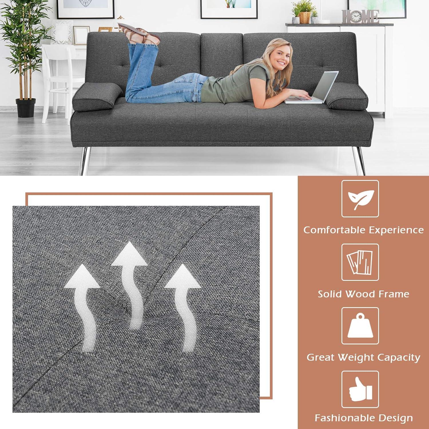 image:imageGiantex Modern Convertible Futon Sofa Bed Linen Upholstered Futon Sofa Sleeper wMetal Leg Removable Armrests 2 Cup Holders Backrest Adjustable Folding Futon Sofa Bed for Apartment Dark Gray