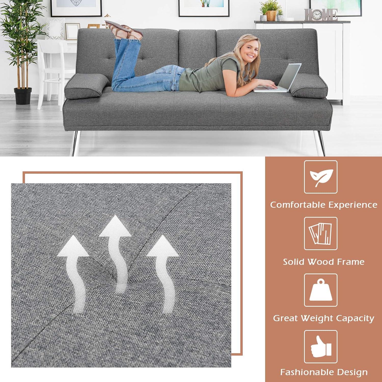 image:imageGiantex Modern Convertible Futon Sofa Bed Linen Upholstered Sofa Sleeper wMetal Leg Removable Armrests 2 Cup Holders Backrest Adjustable Folding Sofa Bed for Apartment Light Gray