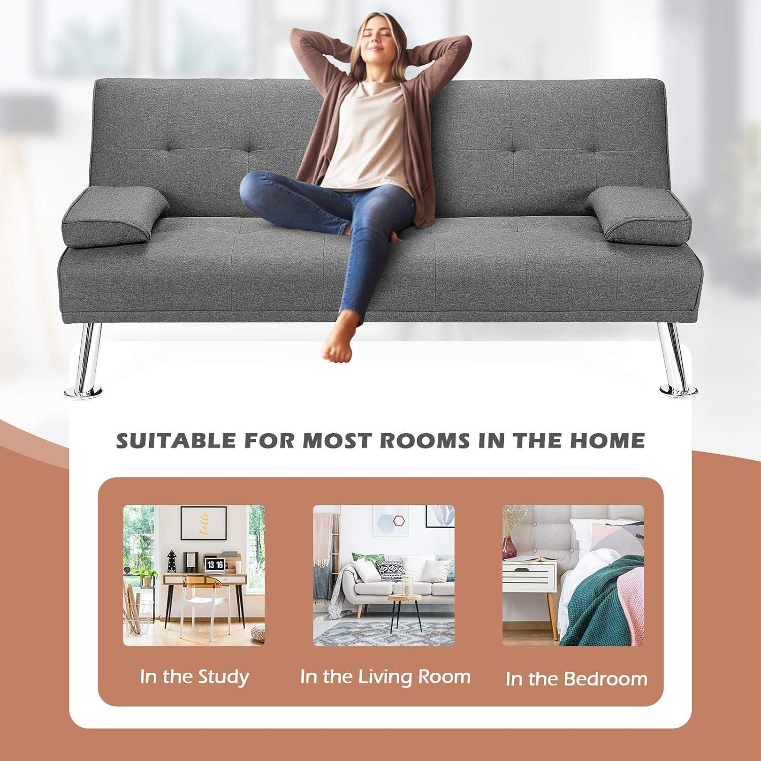 image:imageGiantex Modern Convertible Futon Sofa Bed Linen Upholstered Sofa Sleeper wMetal Leg Removable Armrests 2 Cup Holders Backrest Adjustable Folding Sofa Bed for Apartment Light Gray