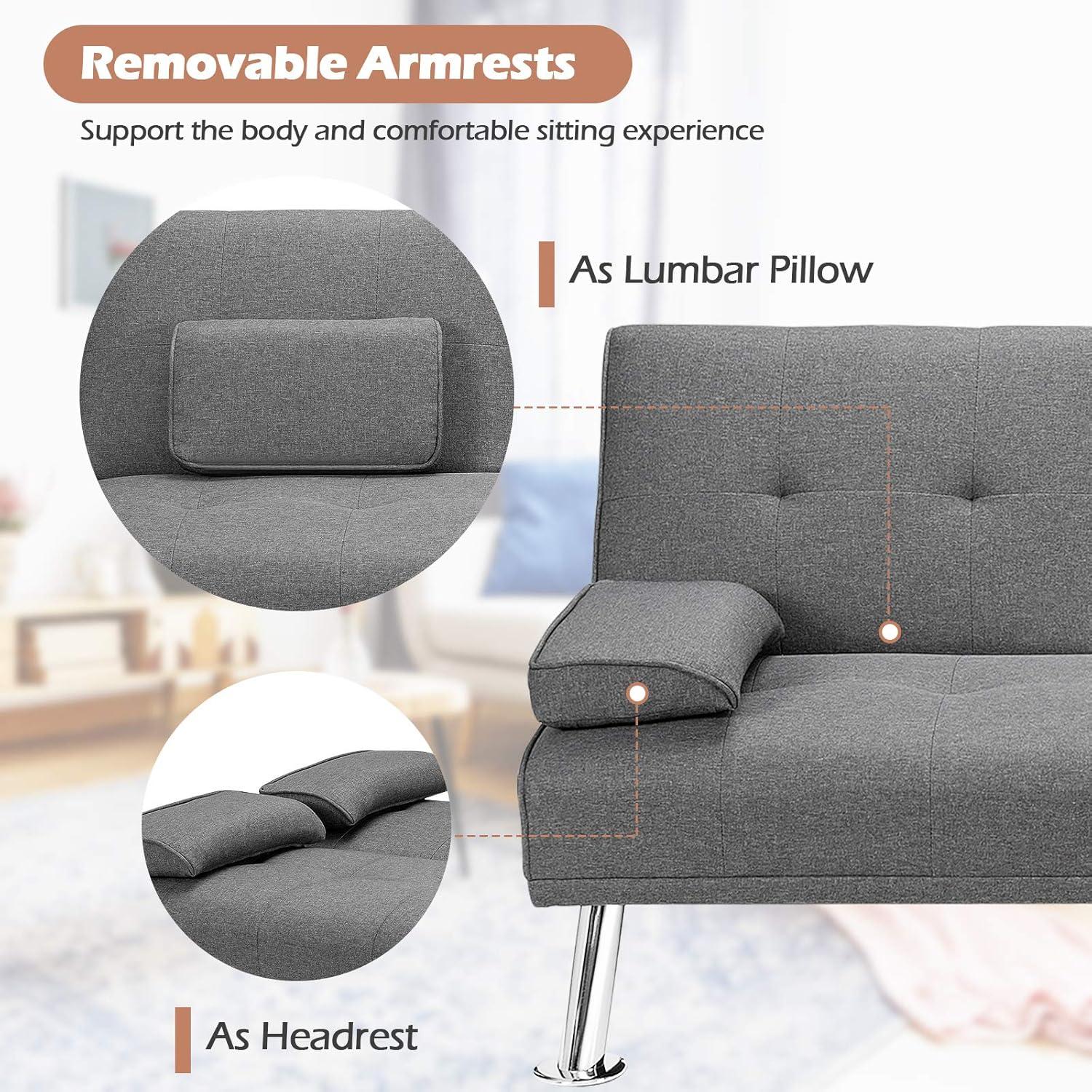 image:imageGiantex Modern Convertible Futon Sofa Bed Linen Upholstered Sofa Sleeper wMetal Leg Removable Armrests 2 Cup Holders Backrest Adjustable Folding Sofa Bed for Apartment Light Gray