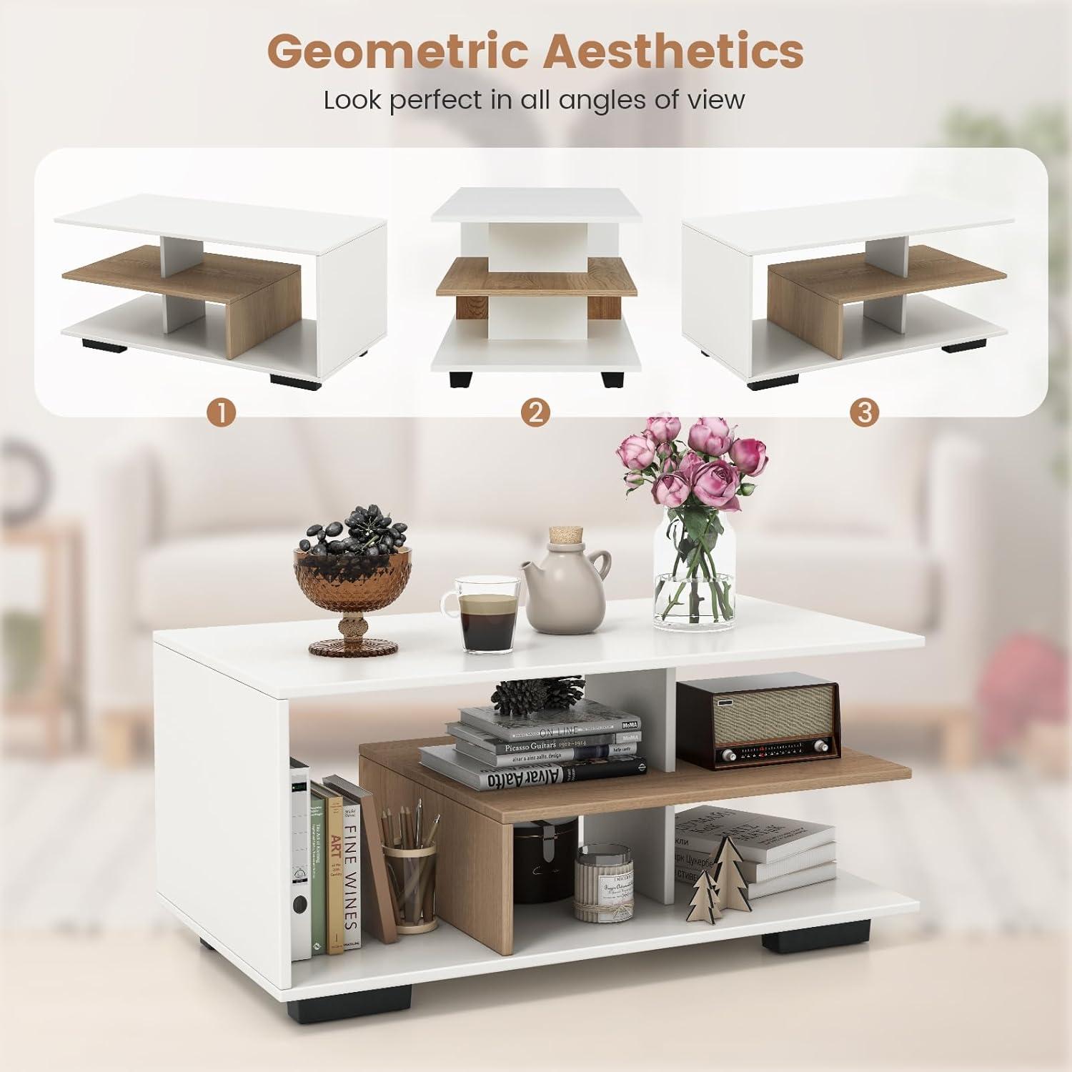 image:imageGiantex Modern Rectangular Accent Table with LShaped Middle Shelf 3Tier Cocktail Table for Living Room Natural and WhiteNatural and White