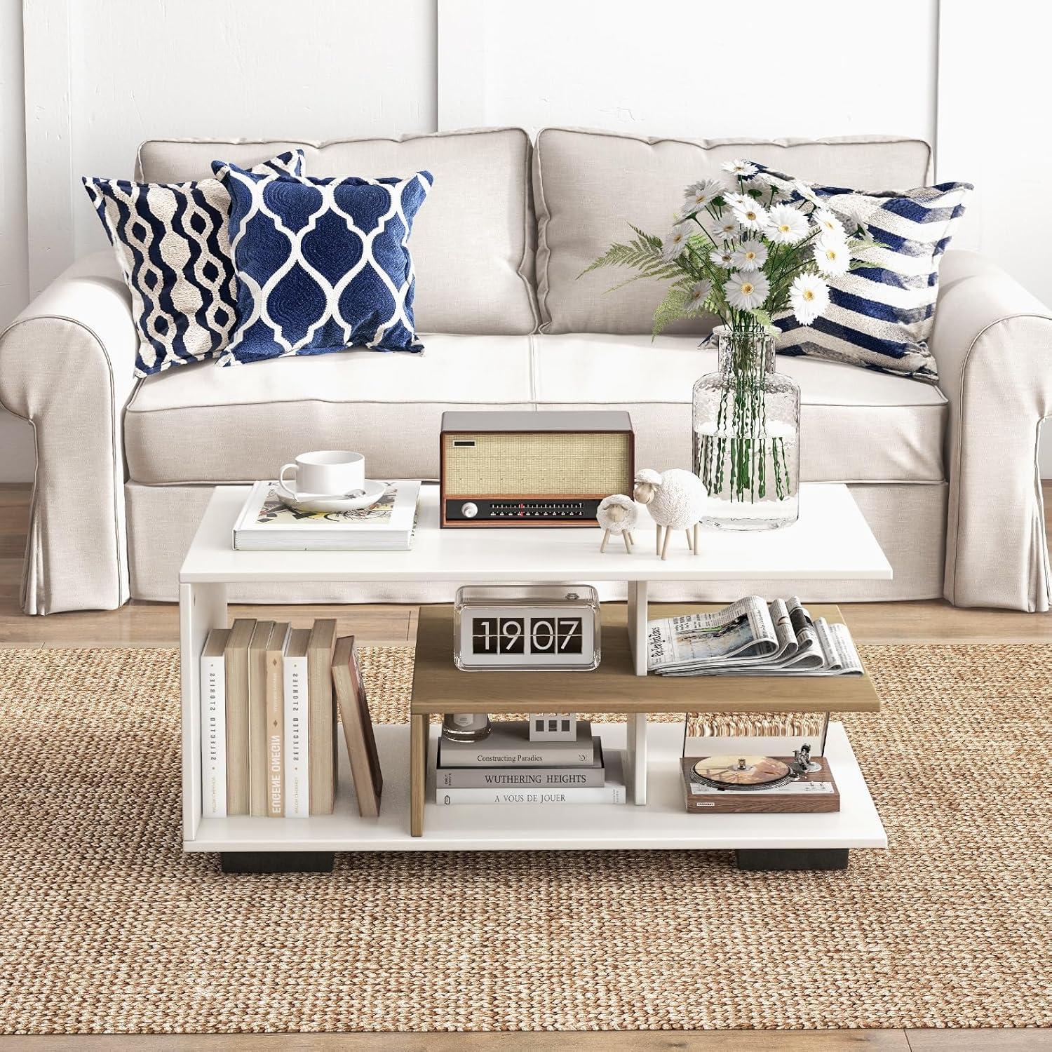 image:imageGiantex Modern Rectangular Accent Table with LShaped Middle Shelf 3Tier Cocktail Table for Living Room Natural and WhiteNatural and White