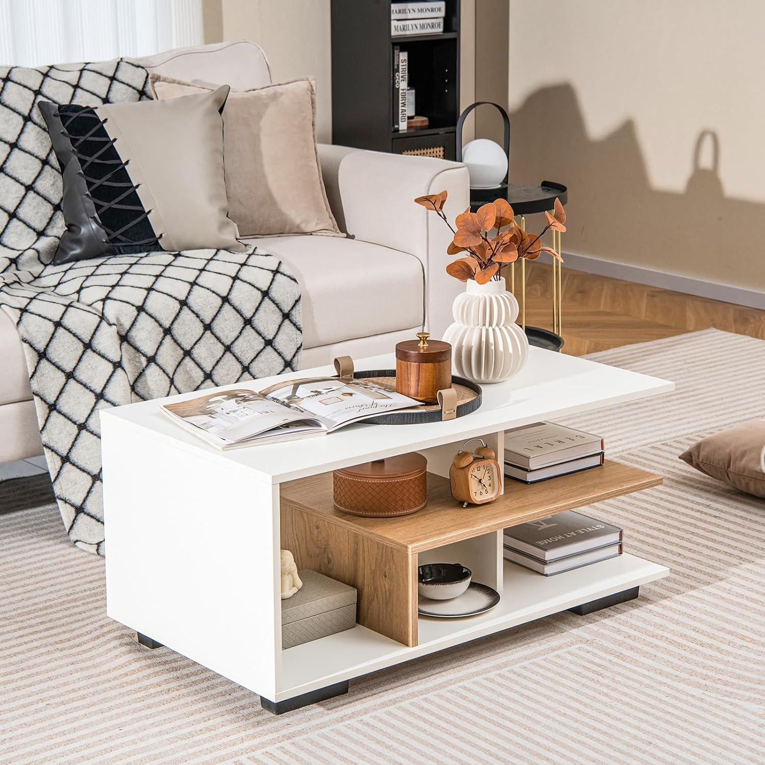 image:imageGiantex Modern Rectangular Accent Table with LShaped Middle Shelf 3Tier Cocktail Table for Living Room Natural and WhiteNatural and White