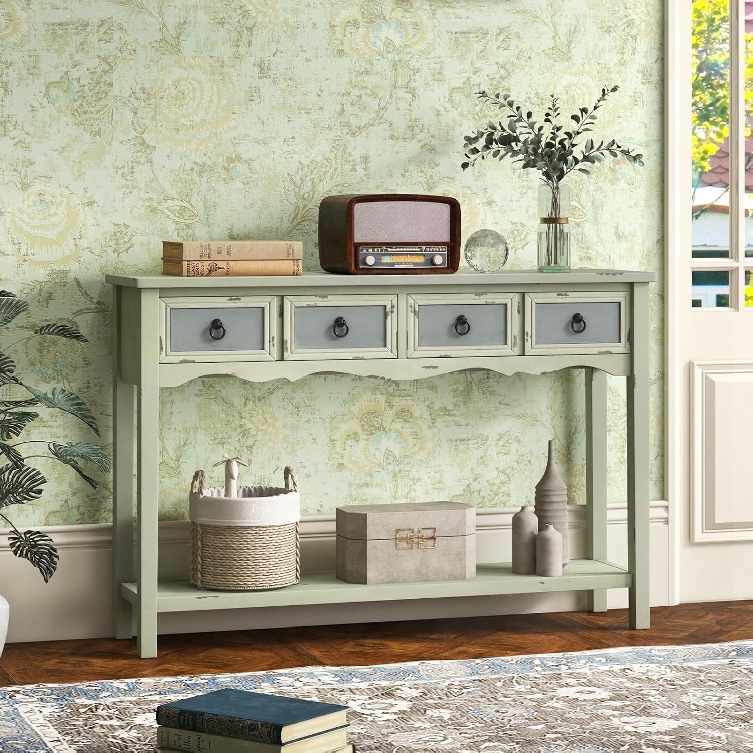 image:imageGiantex Narrow Console Table with Storage 48 Antique Entryway Table with 4 Drawers Open Shelf Solid Wood Legs Long amp Slim Sofa Side Table for Couch Hallway Living Room Foyer Entry Table
