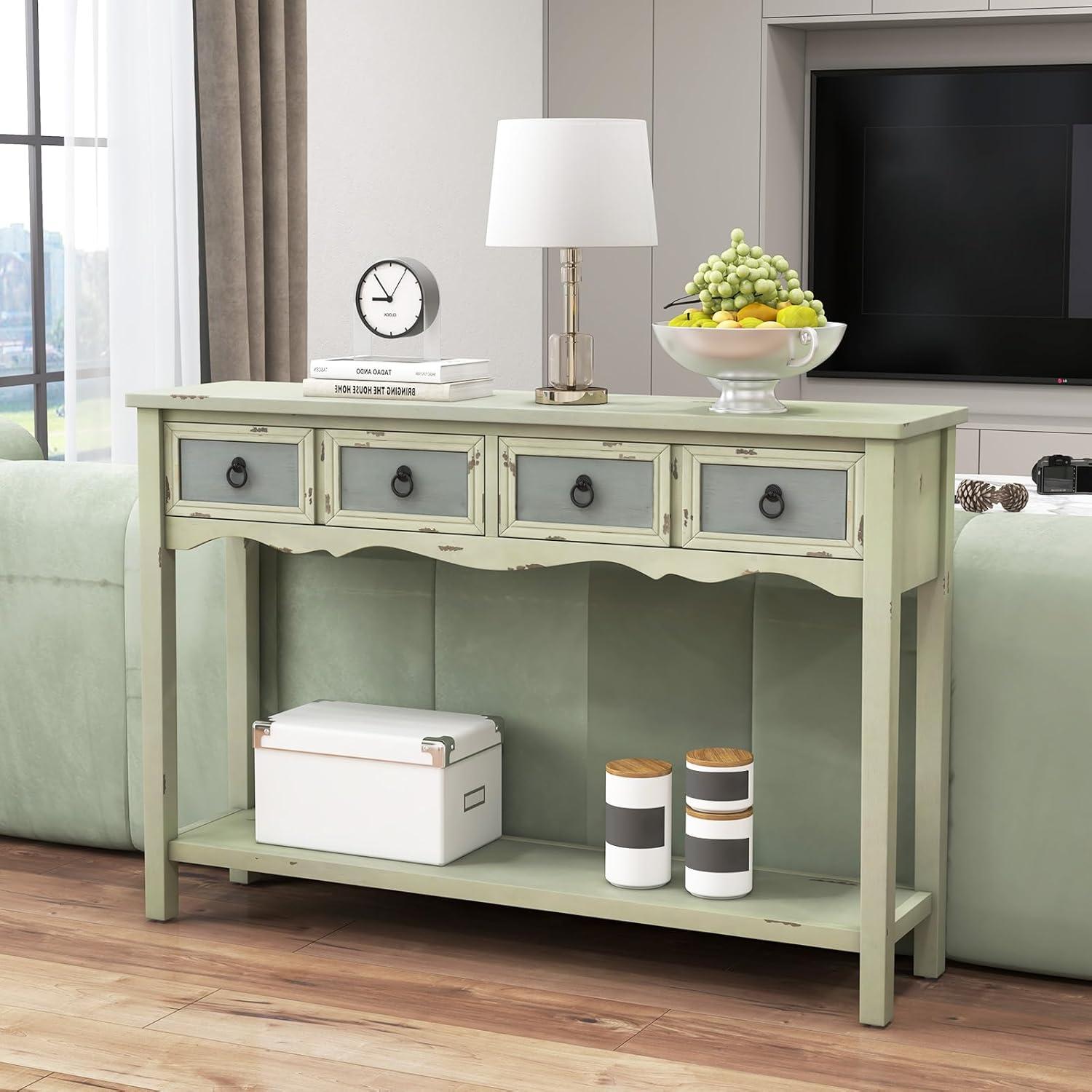 image:imageGiantex Narrow Console Table with Storage 48 Antique Entryway Table with 4 Drawers Open Shelf Solid Wood Legs Long amp Slim Sofa Side Table for Couch Hallway Living Room Foyer Entry Table
