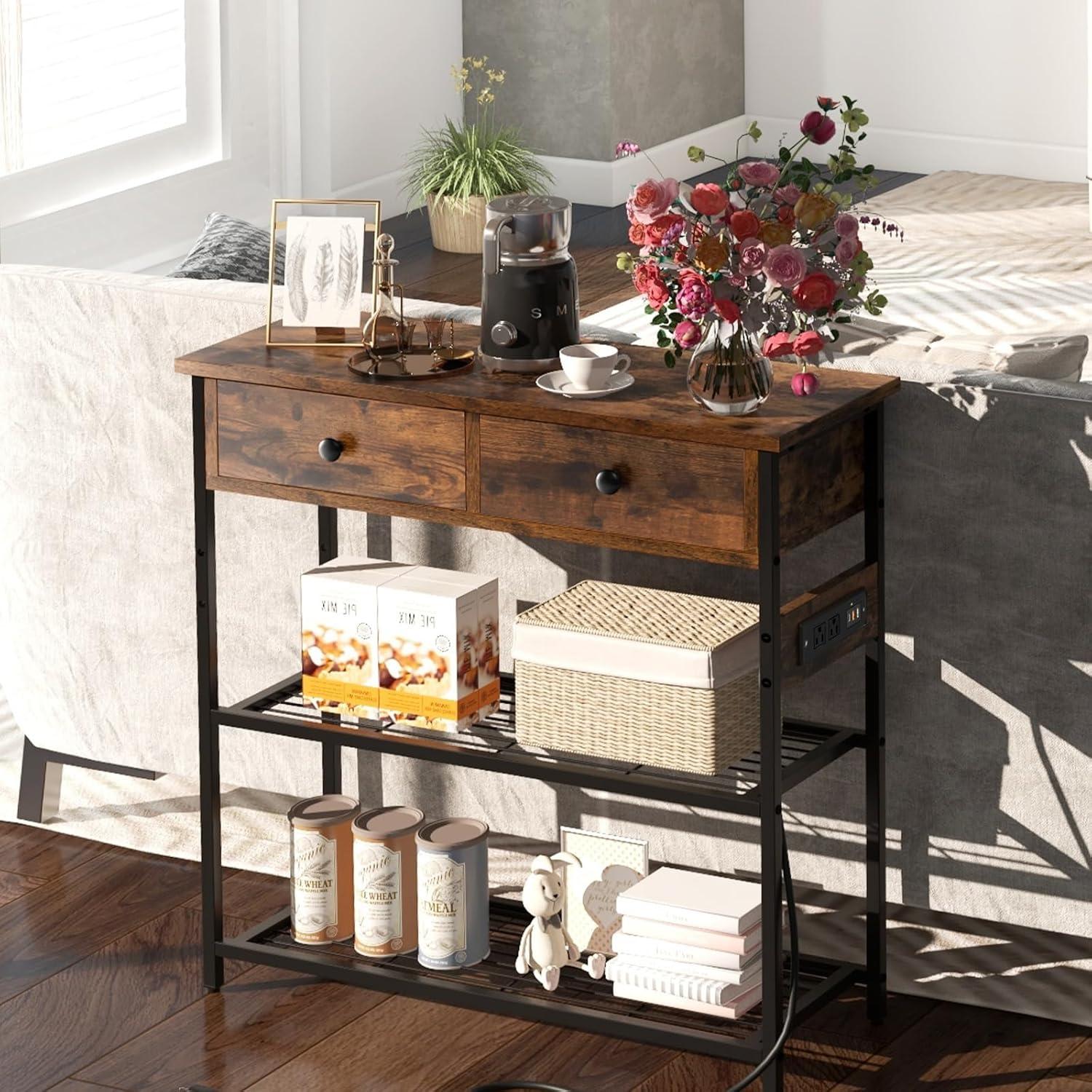 image:imageGiantex Narrow Console Table with Storage 60 Long Sofa Side Table w 4 Drawers amp Open Shelf Solid Wood Legs Rectangular Entry Table Retro Entryway Table for Living Room Hallway Foyer BlackBrown