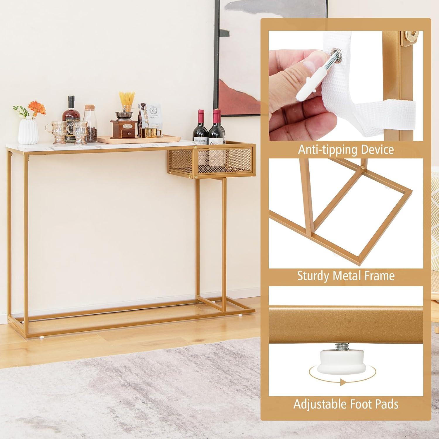 image:imageGiantex Narrow Console Table with Storage 60 Long Sofa Side Table w 4 Drawers amp Open Shelf Solid Wood Legs Rectangular Entry Table Retro Entryway Table for Living Room Hallway Foyer BlackGoldwhite