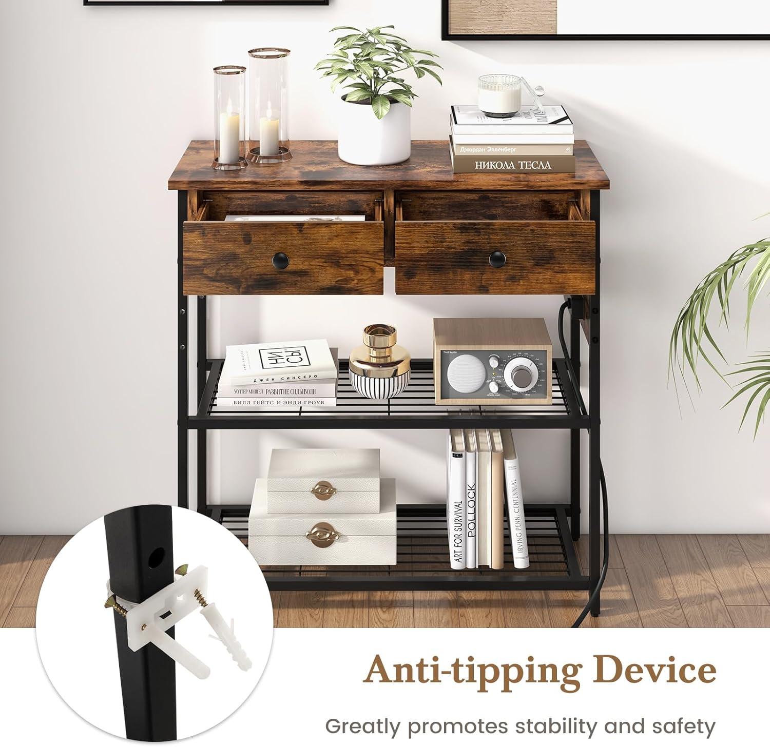 image:imageGiantex Narrow Console Table with Storage 60 Long Sofa Side Table w 4 Drawers amp Open Shelf Solid Wood Legs Rectangular Entry Table Retro Entryway Table for Living Room Hallway Foyer BlackBrown