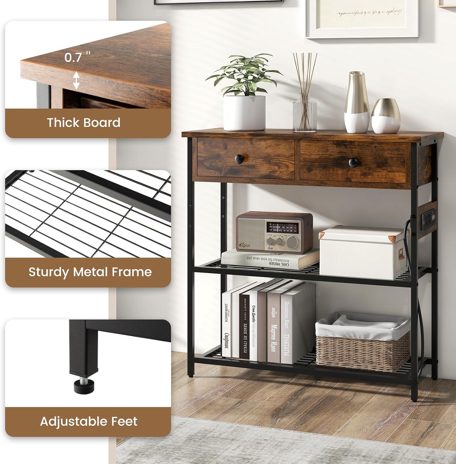 image:imageGiantex Narrow Console Table with Storage 60 Long Sofa Side Table w 4 Drawers amp Open Shelf Solid Wood Legs Rectangular Entry Table Retro Entryway Table for Living Room Hallway Foyer BlackBrown