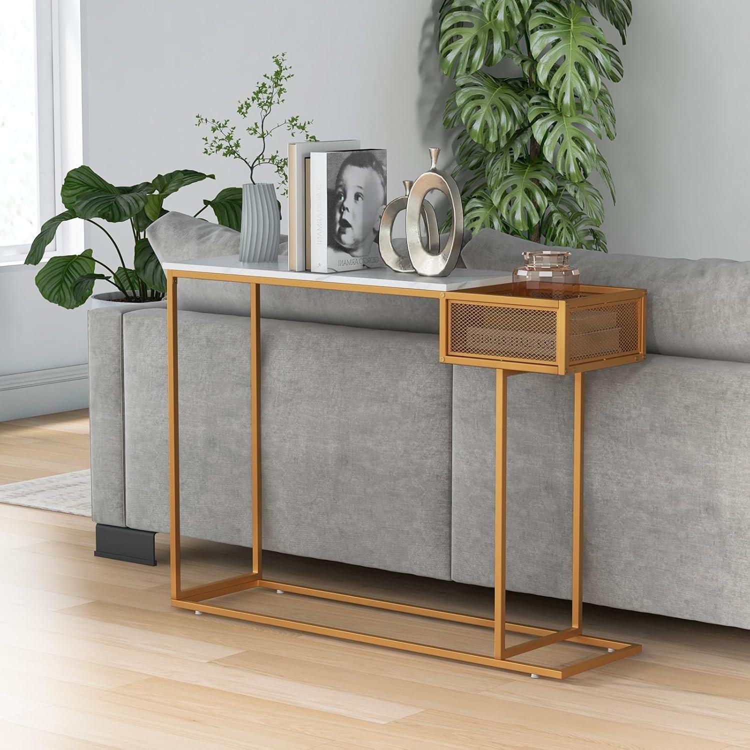 image:imageGiantex Narrow Console Table with Storage 60 Long Sofa Side Table w 4 Drawers amp Open Shelf Solid Wood Legs Rectangular Entry Table Retro Entryway Table for Living Room Hallway Foyer BlackGoldwhite