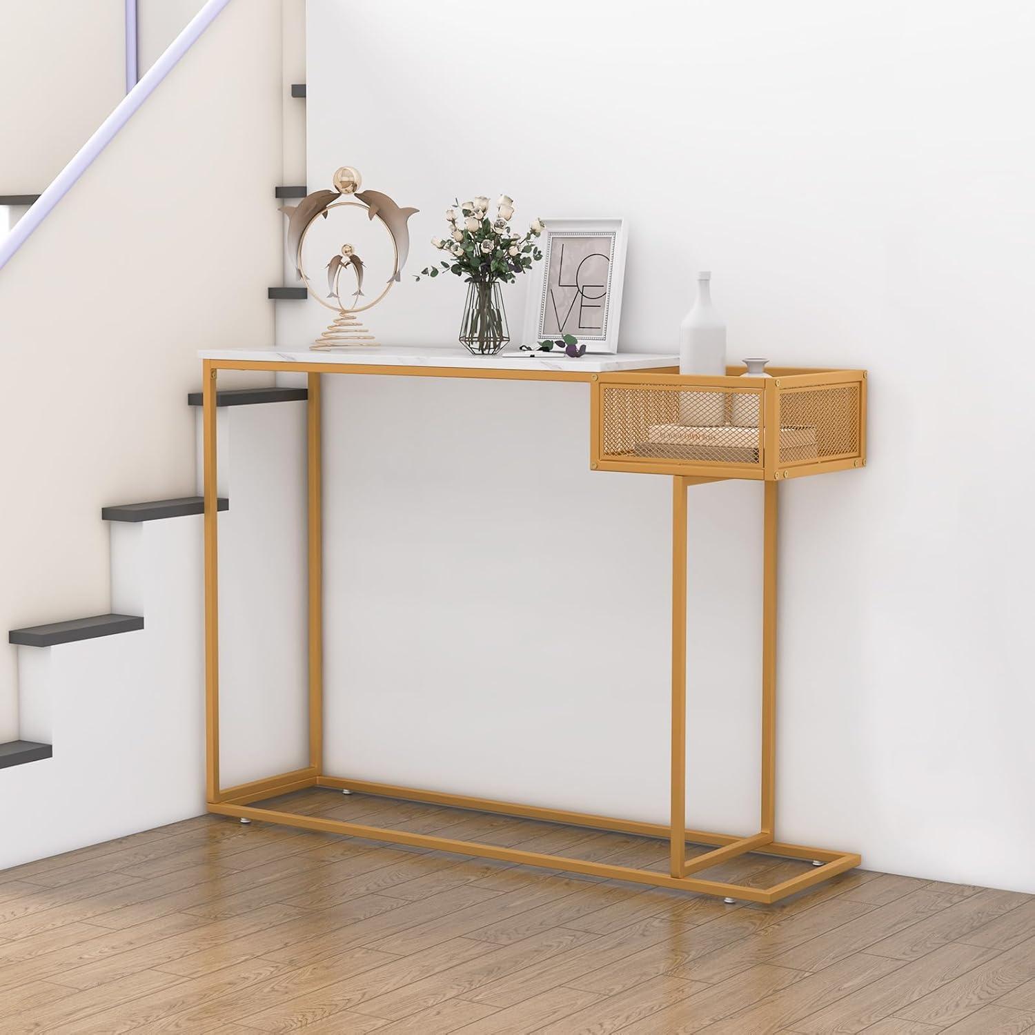 image:imageGiantex Narrow Console Table with Storage 60 Long Sofa Side Table w 4 Drawers amp Open Shelf Solid Wood Legs Rectangular Entry Table Retro Entryway Table for Living Room Hallway Foyer BlackGoldwhite
